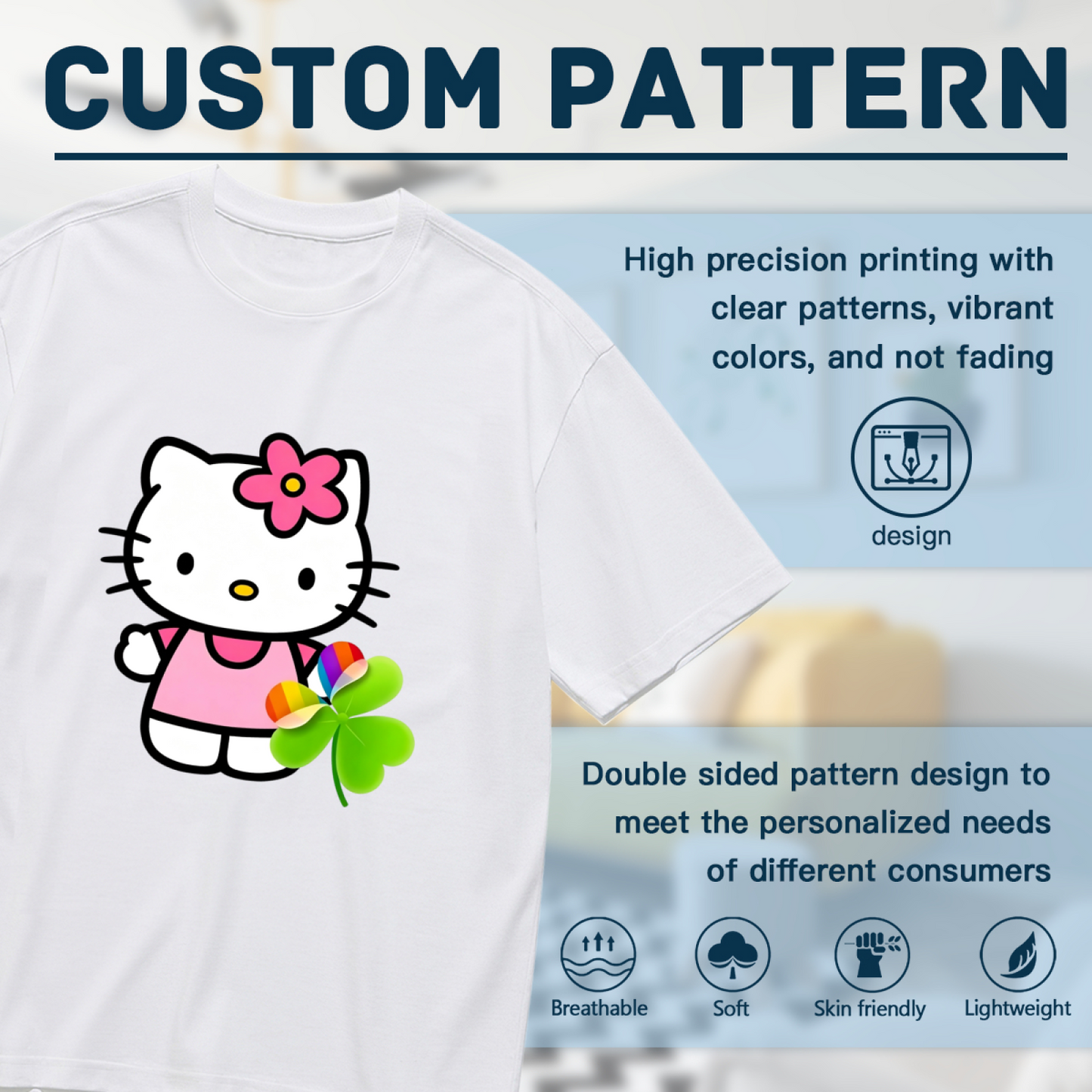 Lucky Clover Rainbow Hello Kitty Cute Plus?Size Casual Tee