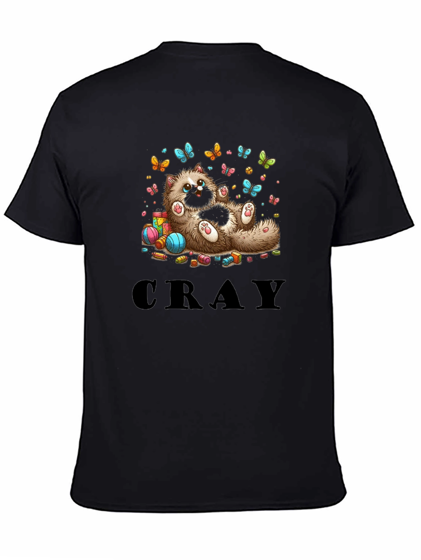 Cute Cat & Butterflies Graphic Print Black T-Shirt