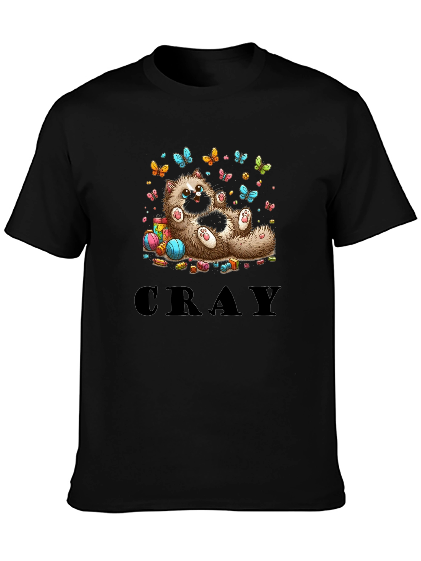 Cute Cat & Butterflies Graphic Print Black T-Shirt