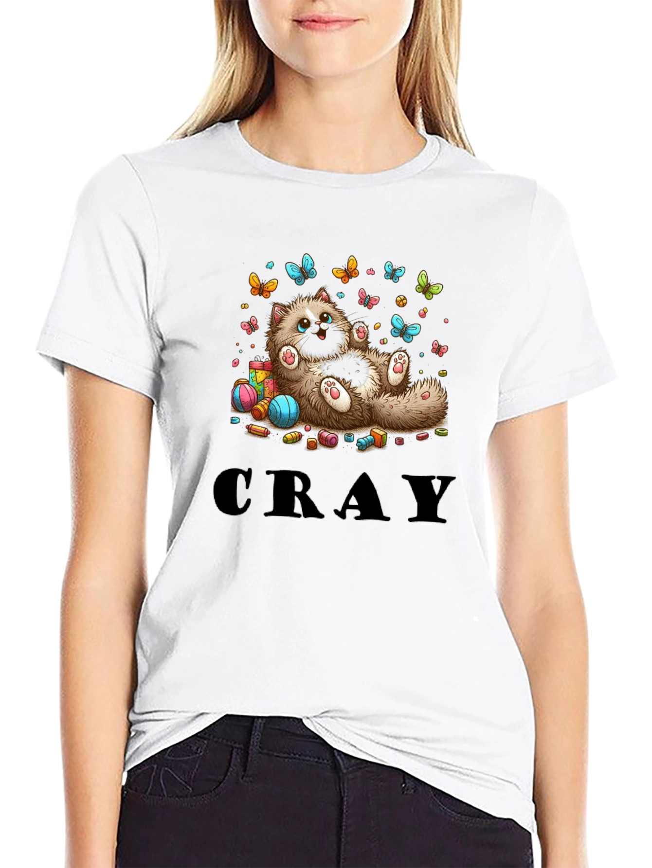 Cute Cat & Butterflies Graphic Print Black T-Shirt