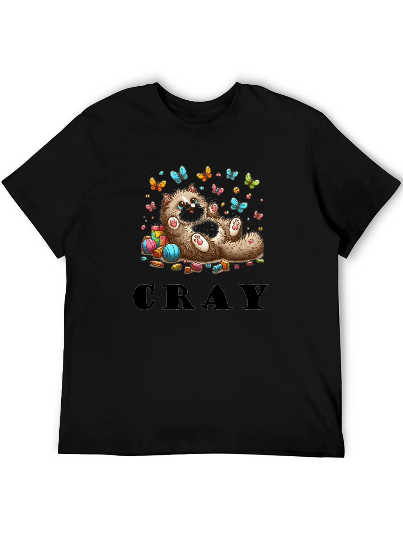 Cute Cat & Butterflies Graphic Print Black T-Shirt