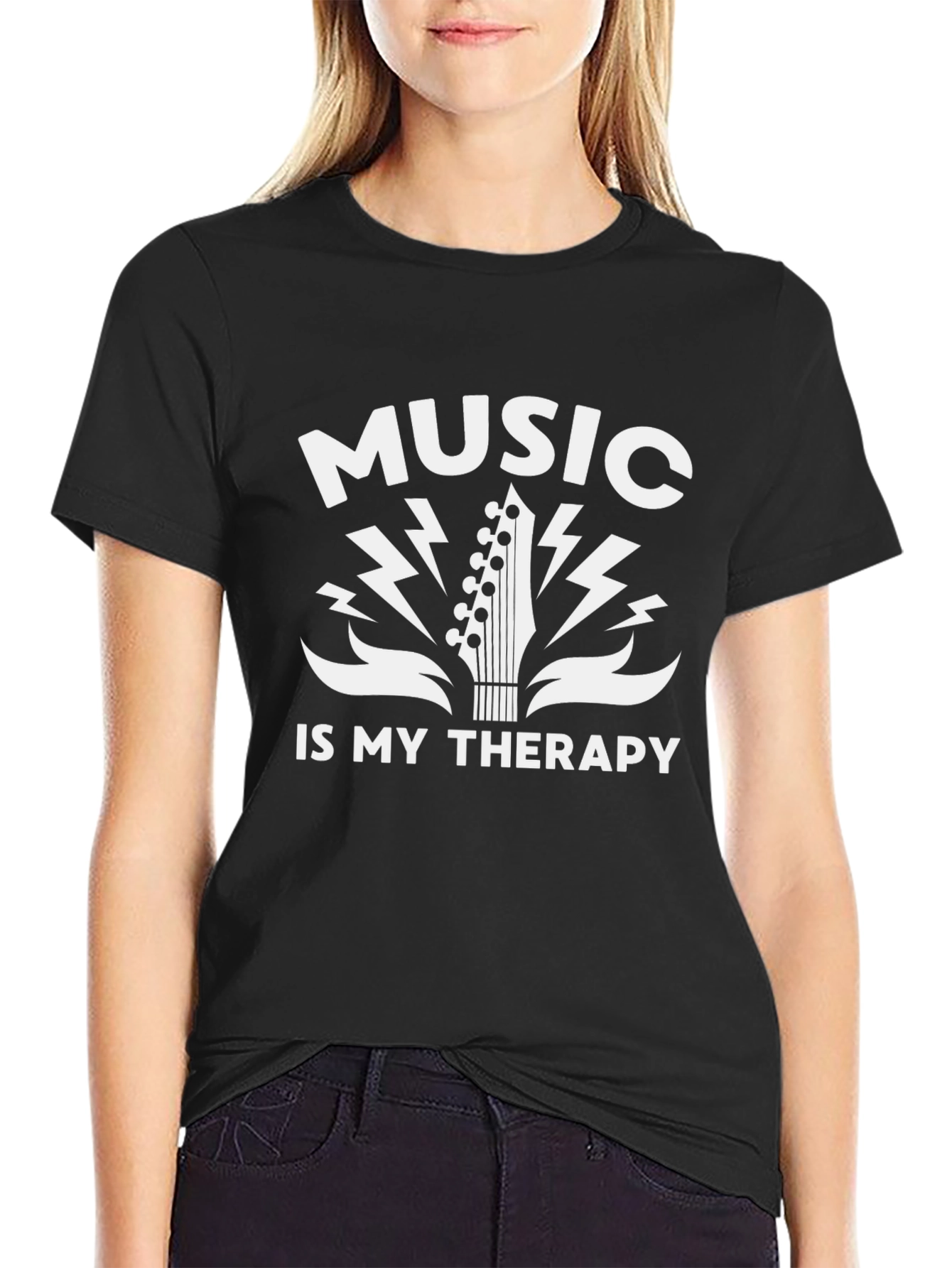 Music is My Therapy Black Graphic T-Shirt