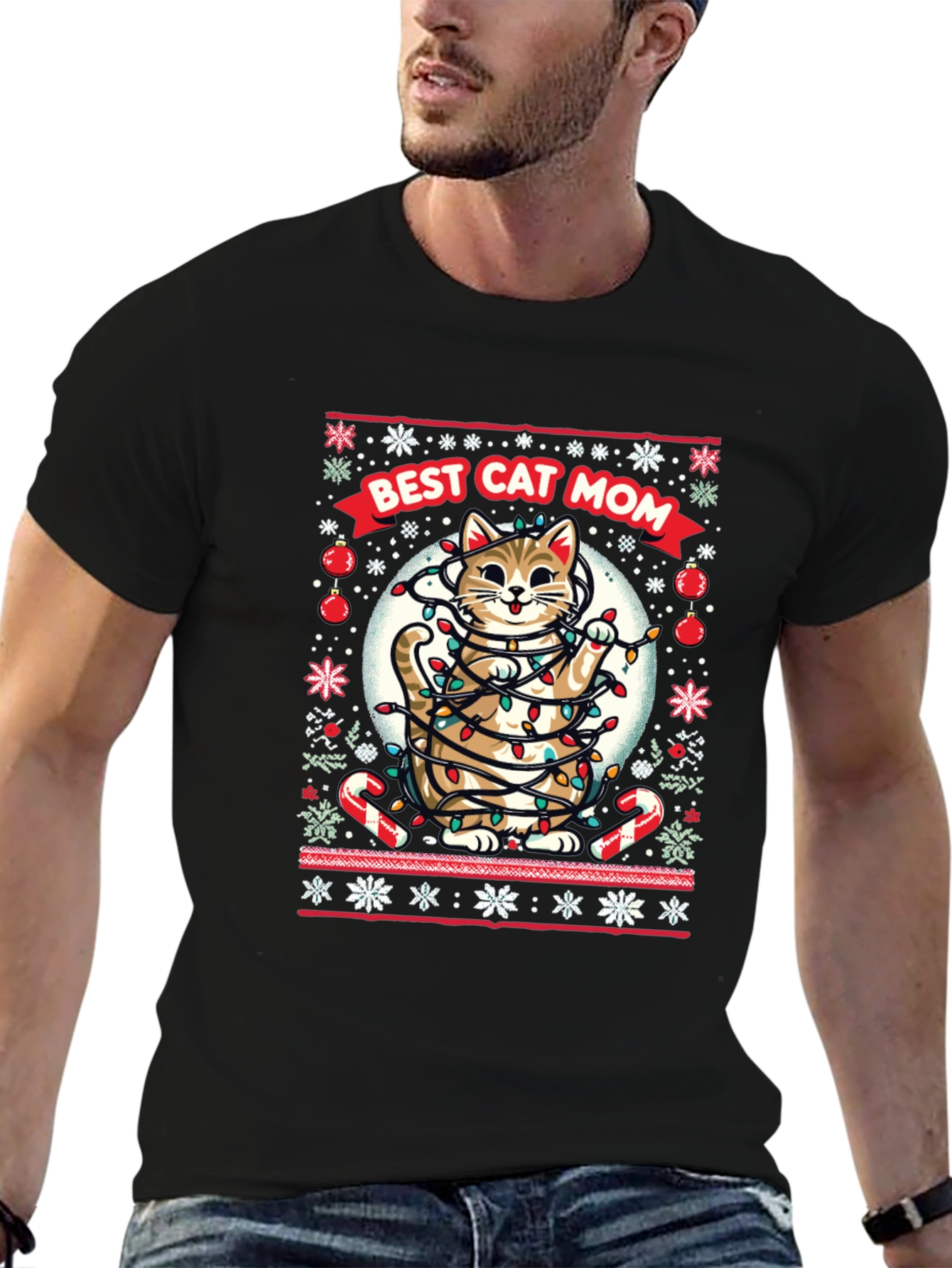 Best Cat Mom Ugly Christmas T-Shirt