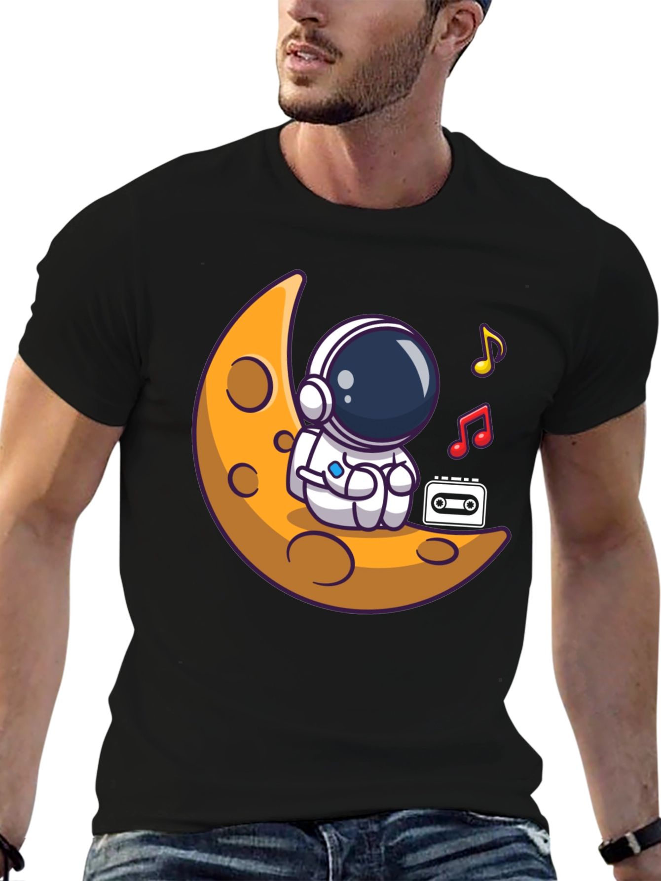 Astronaut Moon Tunes Black T-Shirt