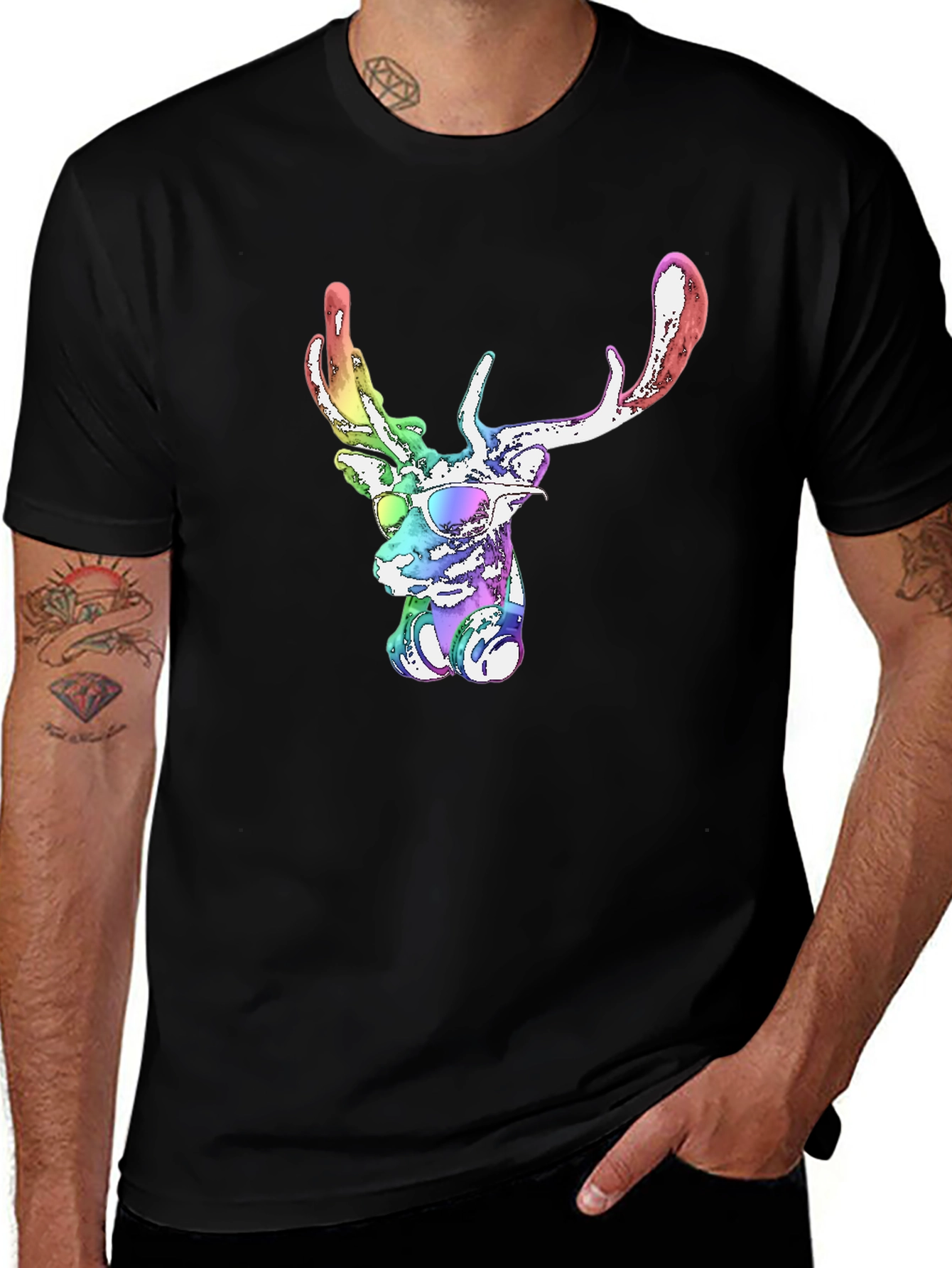 Cool Rainbow Deer Graphic Tee - Mens Black T-Shirt