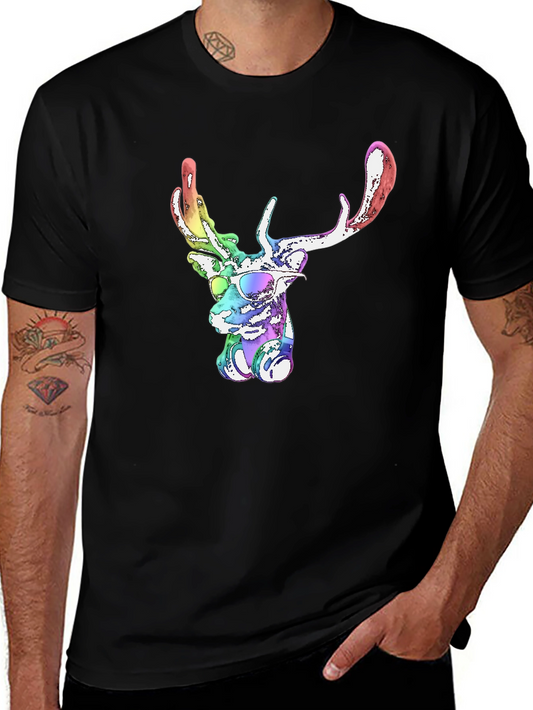Cool Rainbow Deer Graphic Tee - Mens Black T-Shirt