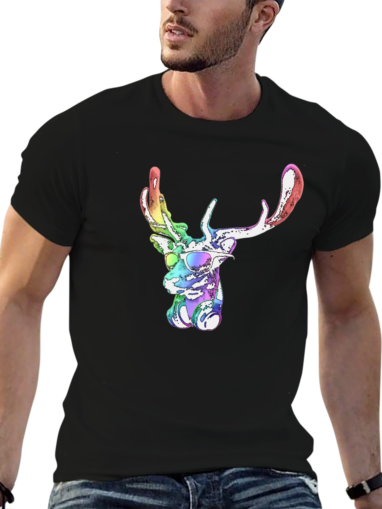 Cool Rainbow Deer Graphic Tee - Mens Black T-Shirt