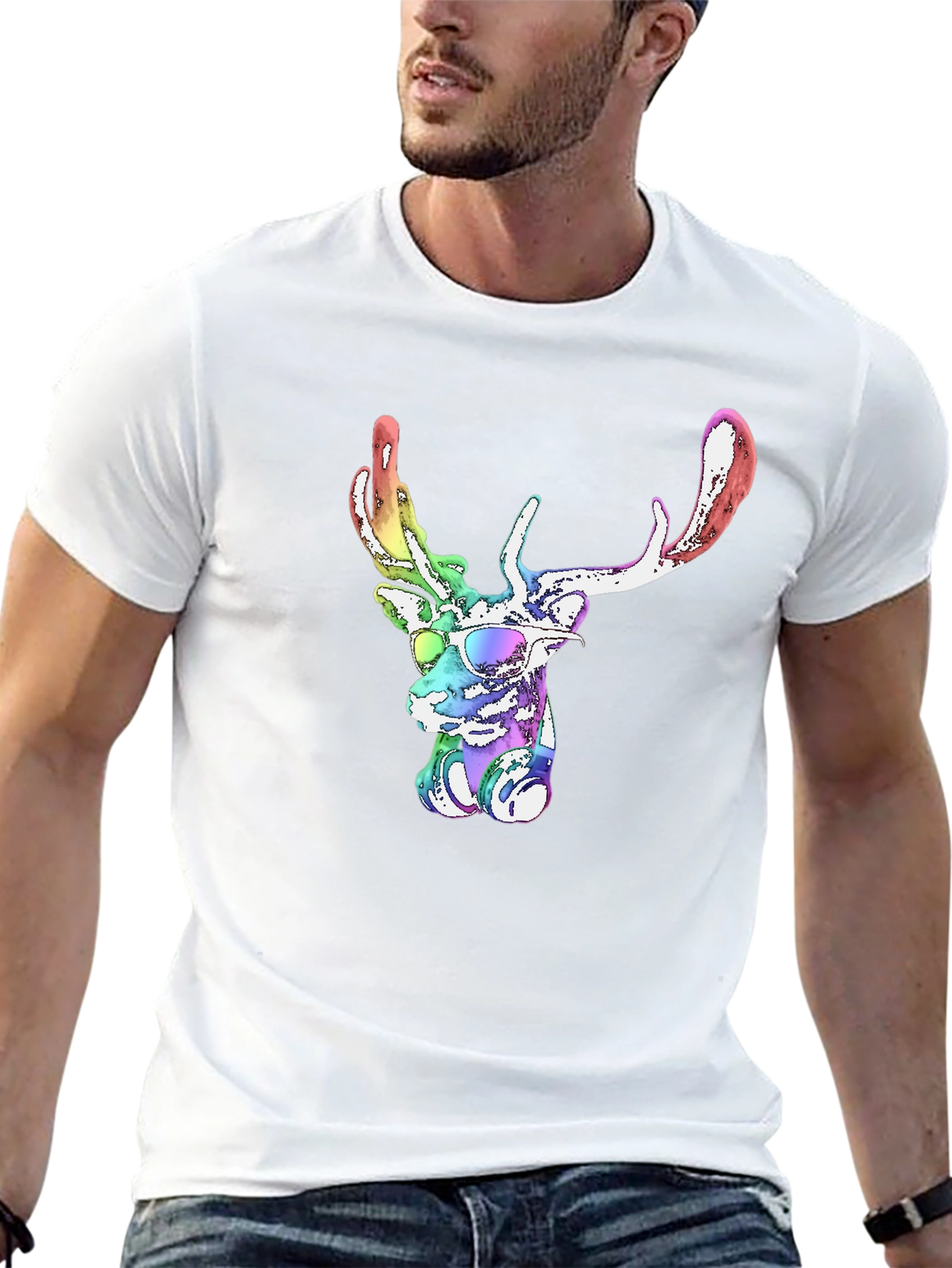 Cool Rainbow Deer Graphic Tee - Mens Black T-Shirt