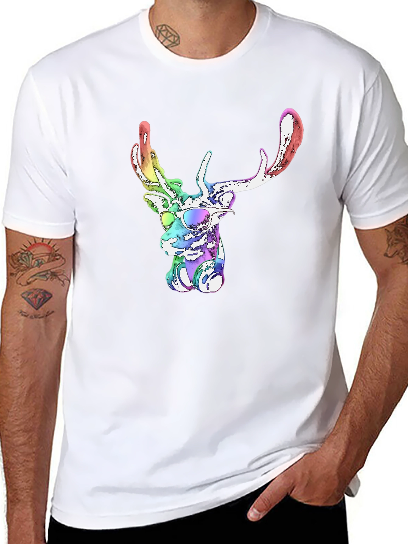 Cool Rainbow Deer Graphic Tee - Mens Black T-Shirt