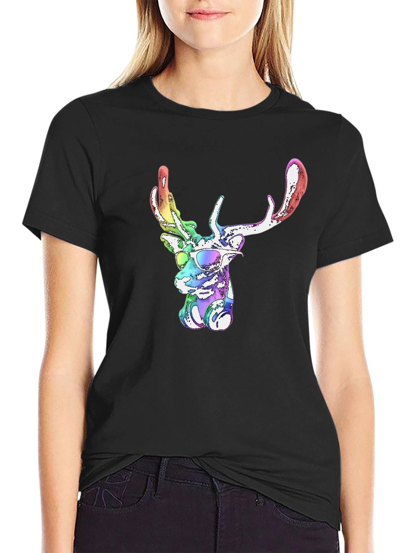 Cool Rainbow Deer Graphic Tee - Mens Black T-Shirt