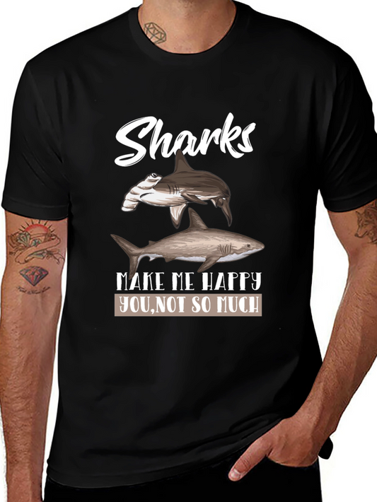 Sharks Make Me Happy Mens Black Graphic Tee