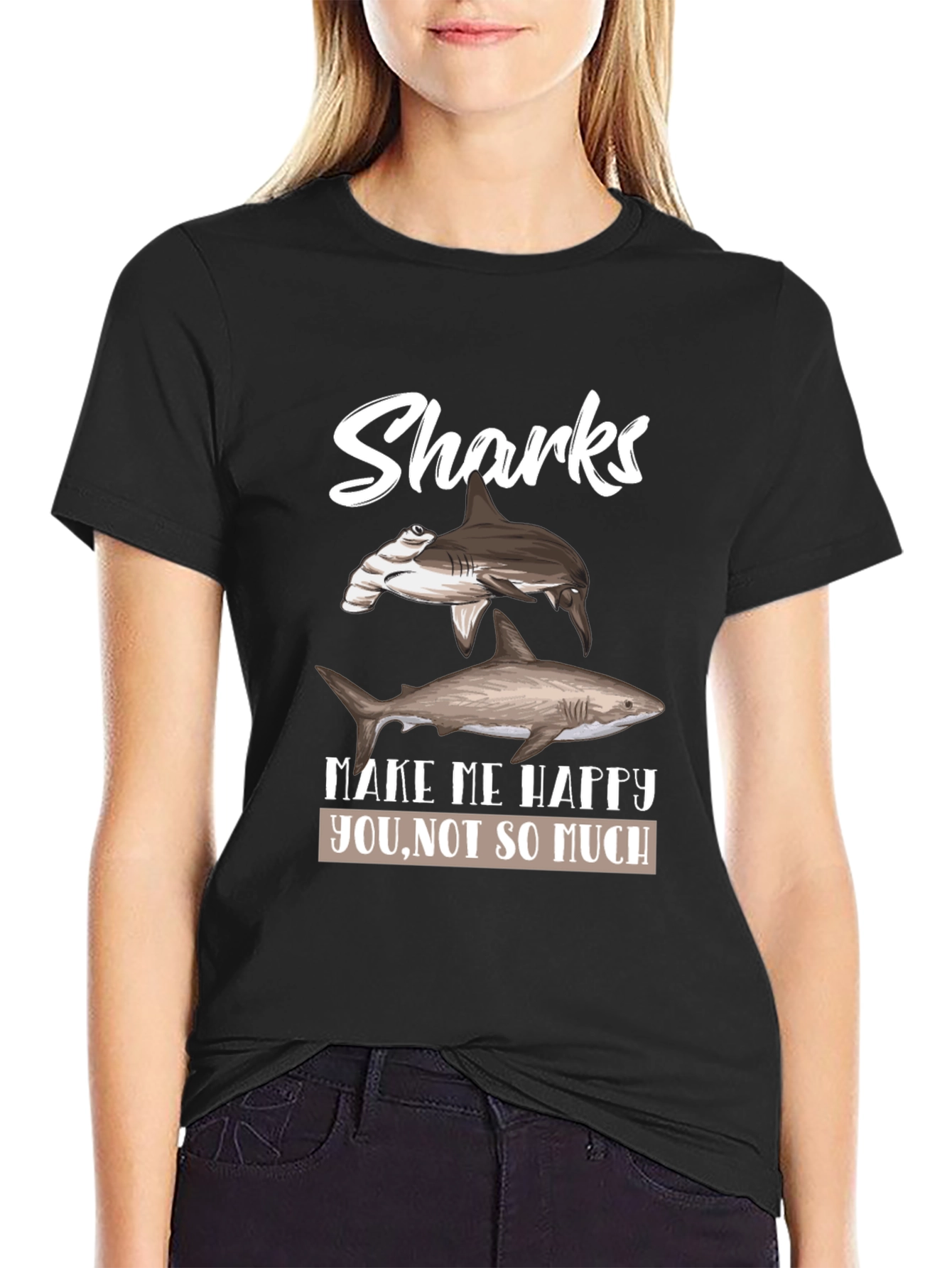 Sharks Make Me Happy Mens Black Graphic Tee