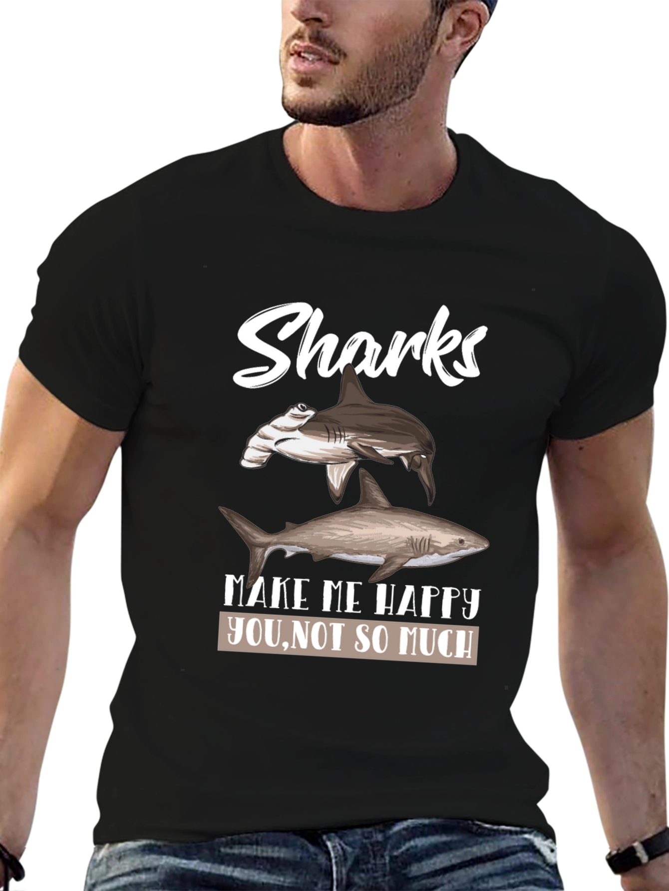Sharks Make Me Happy Mens Black Graphic Tee