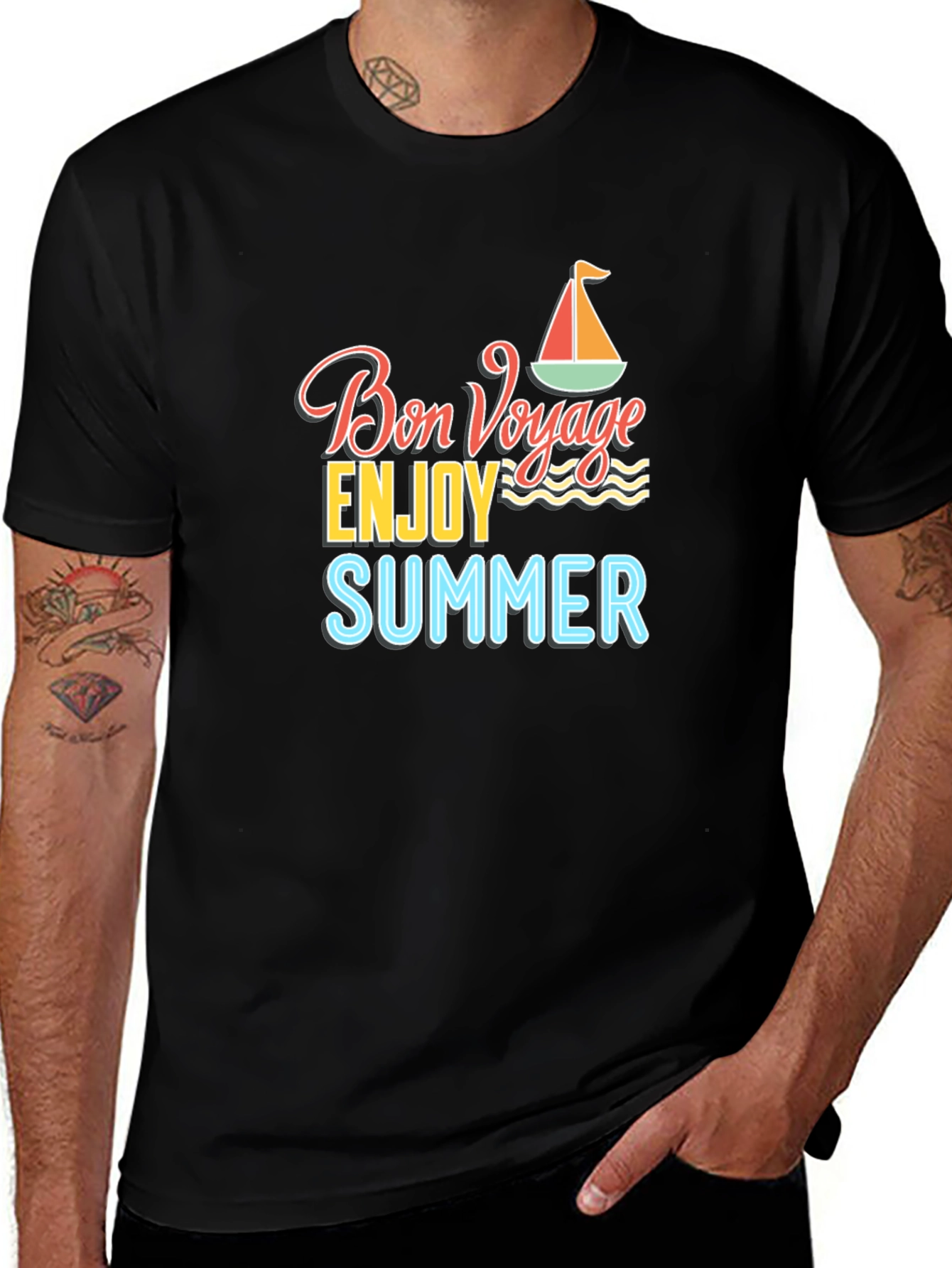Bon Voyage Summer Graphic Tee - Black Cotton T-Shirt