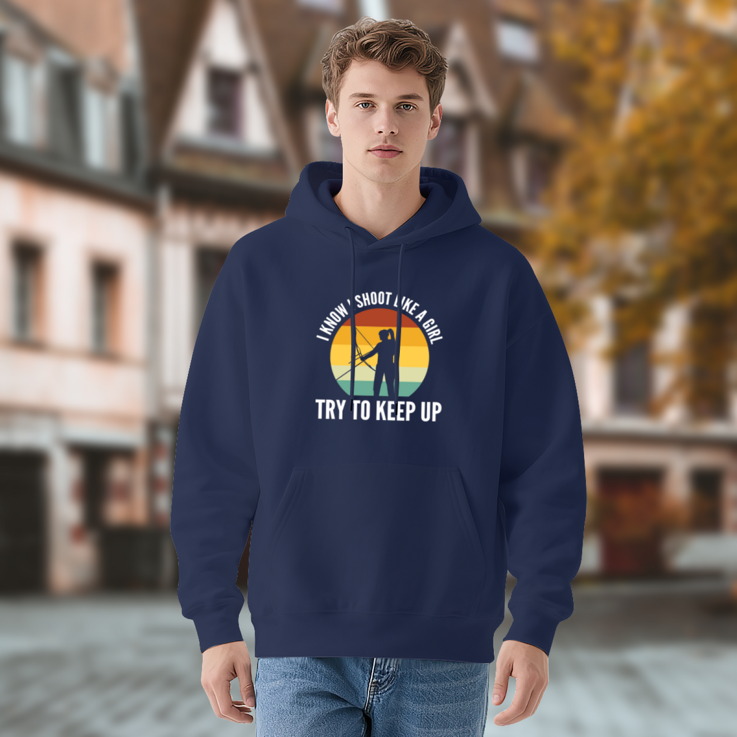 Retro Sunset Archery I Know I Shoot Like A Girl Navy Hoodie, Comfort Outdoor Pullover