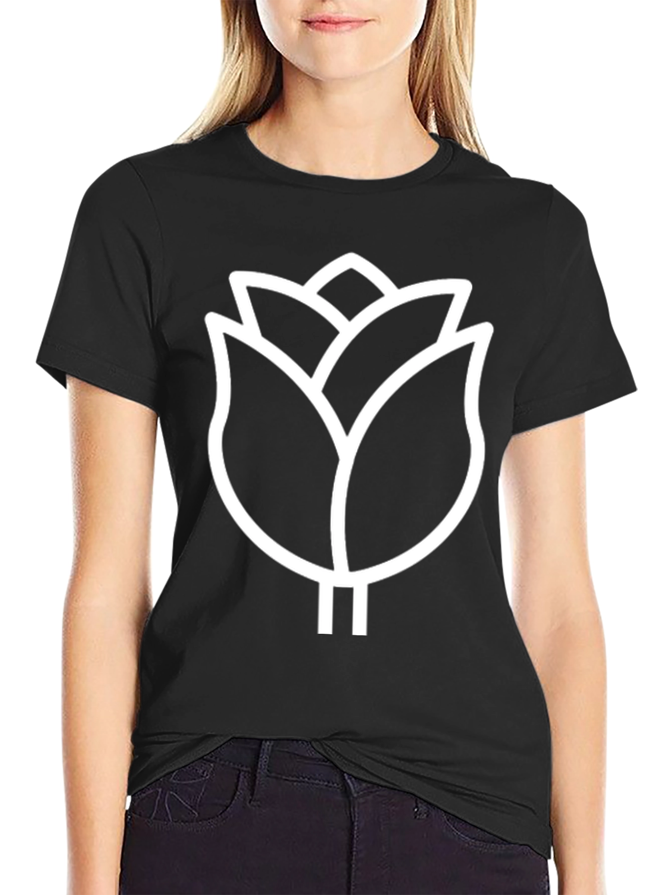 Modern Black T-Shirt with White Floral Design