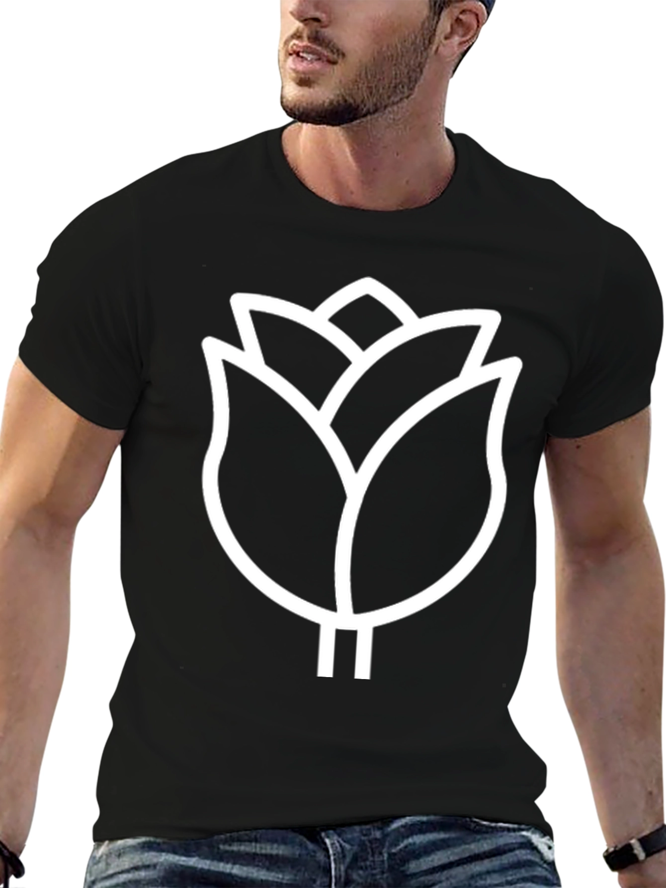 Modern Black T-Shirt with White Floral Design