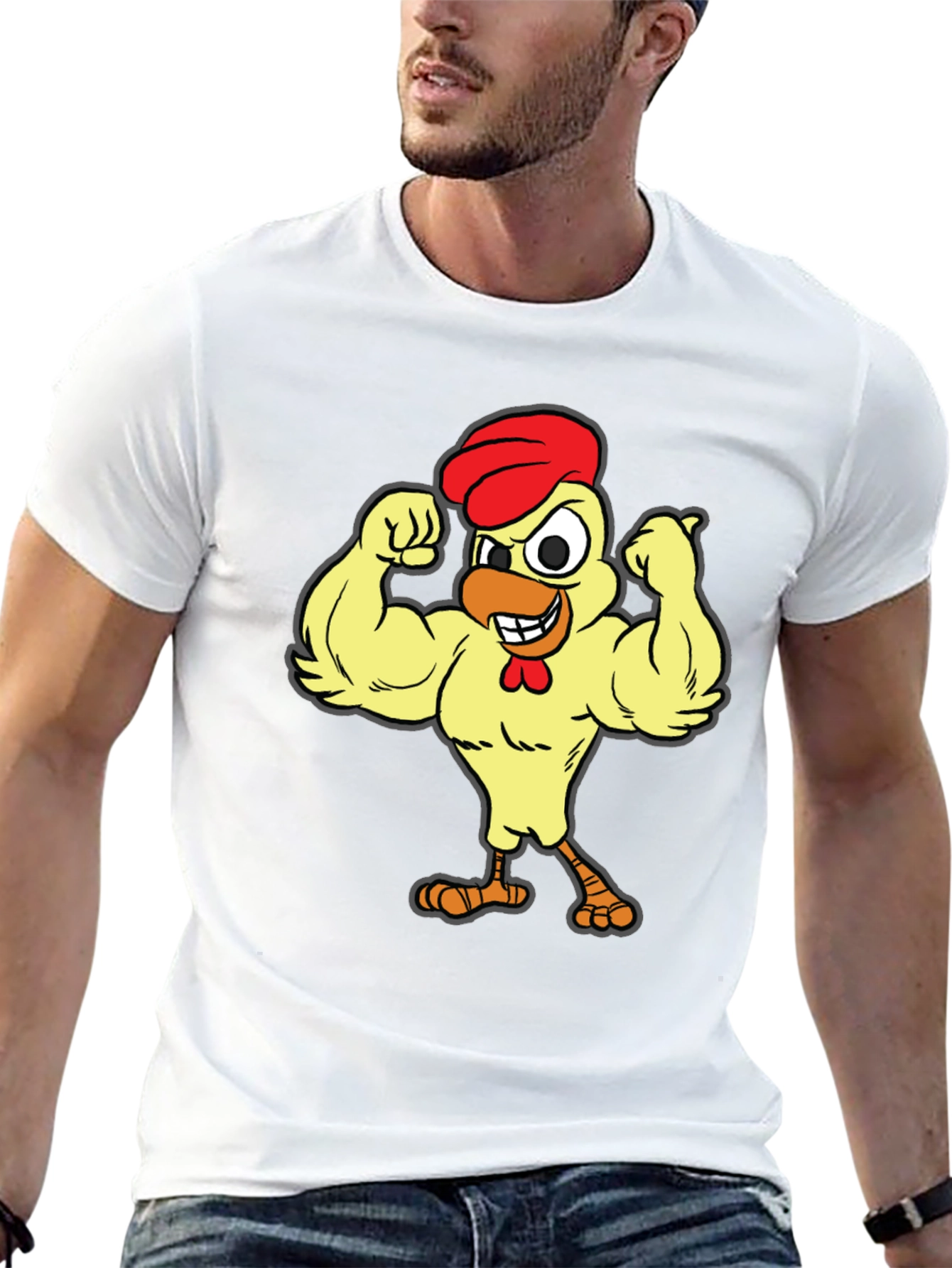 Funny Buff Chicken Cartoon Graphic T-Shirt