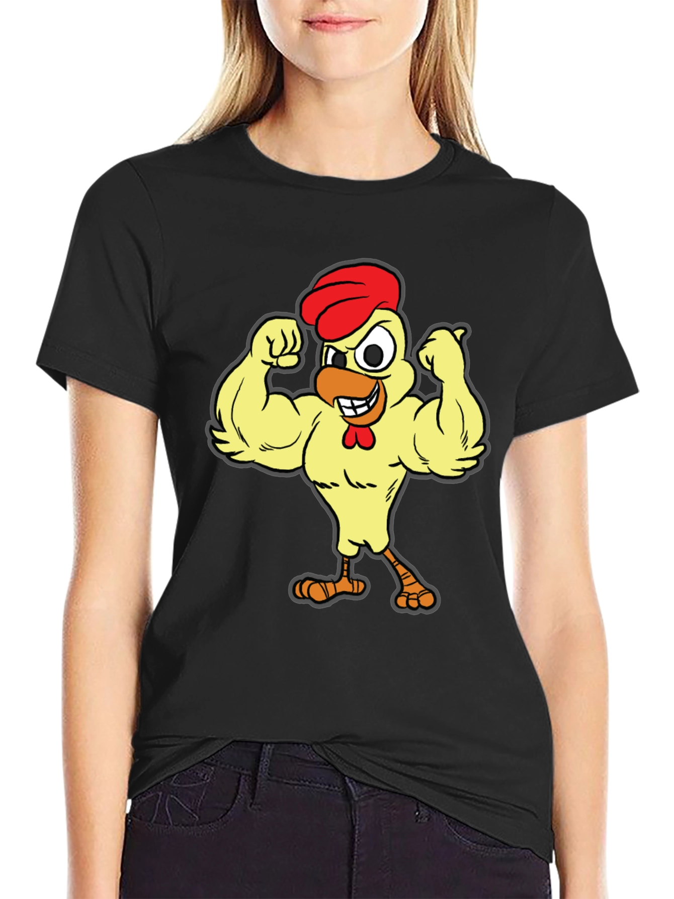 Funny Buff Chicken Cartoon Graphic T-Shirt