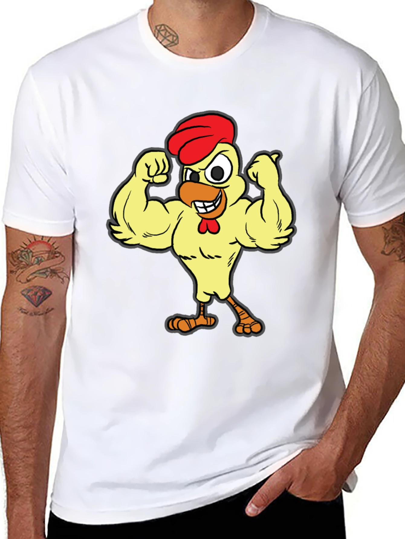 Funny Buff Chicken Cartoon Graphic T-Shirt