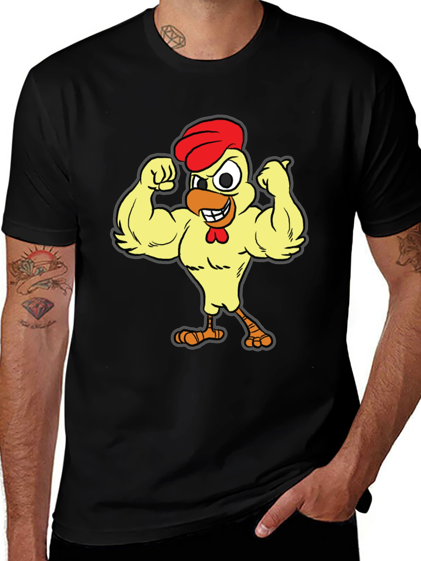 Funny Buff Chicken Cartoon Graphic T-Shirt
