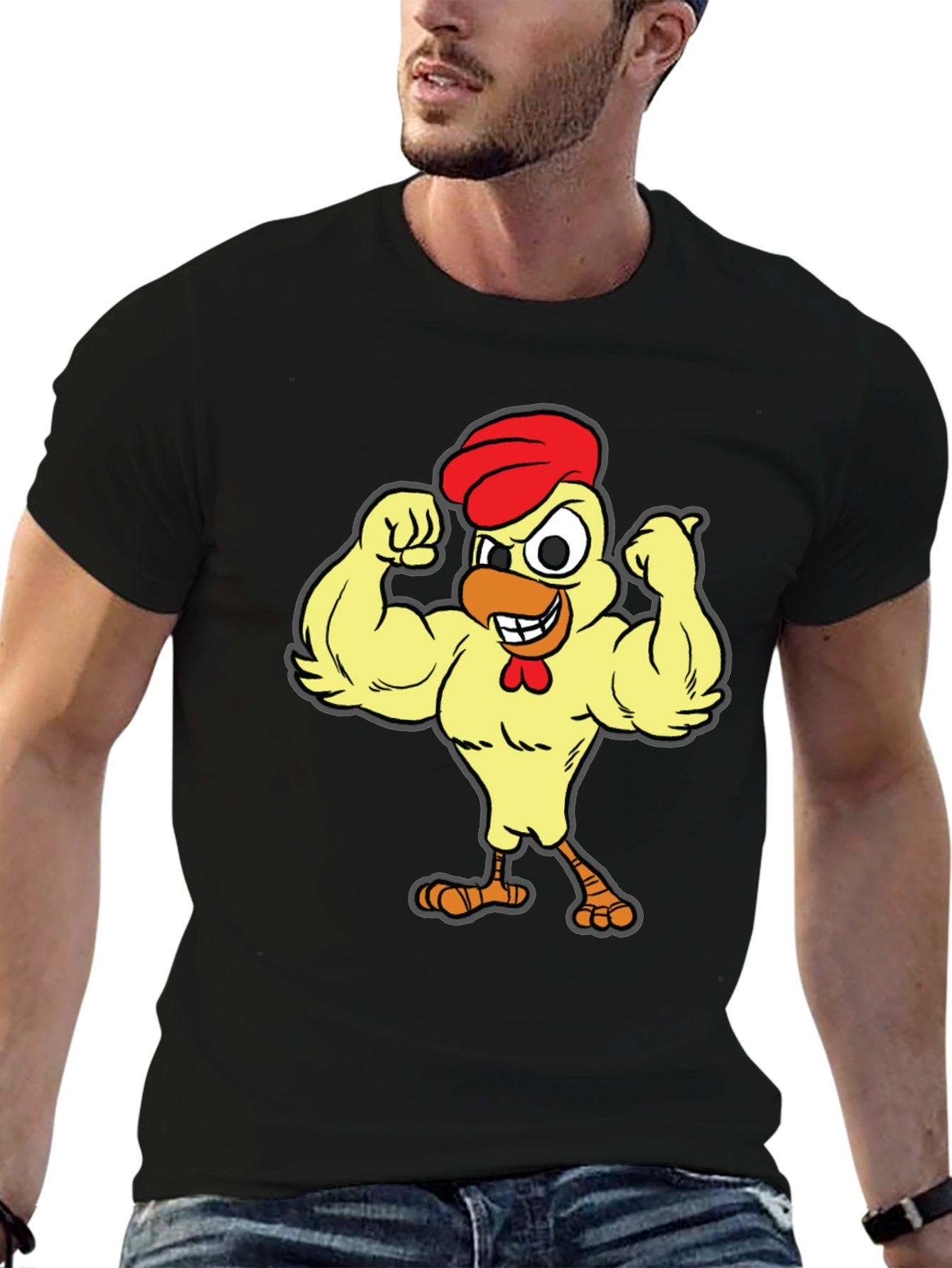 Funny Buff Chicken Cartoon Graphic T-Shirt