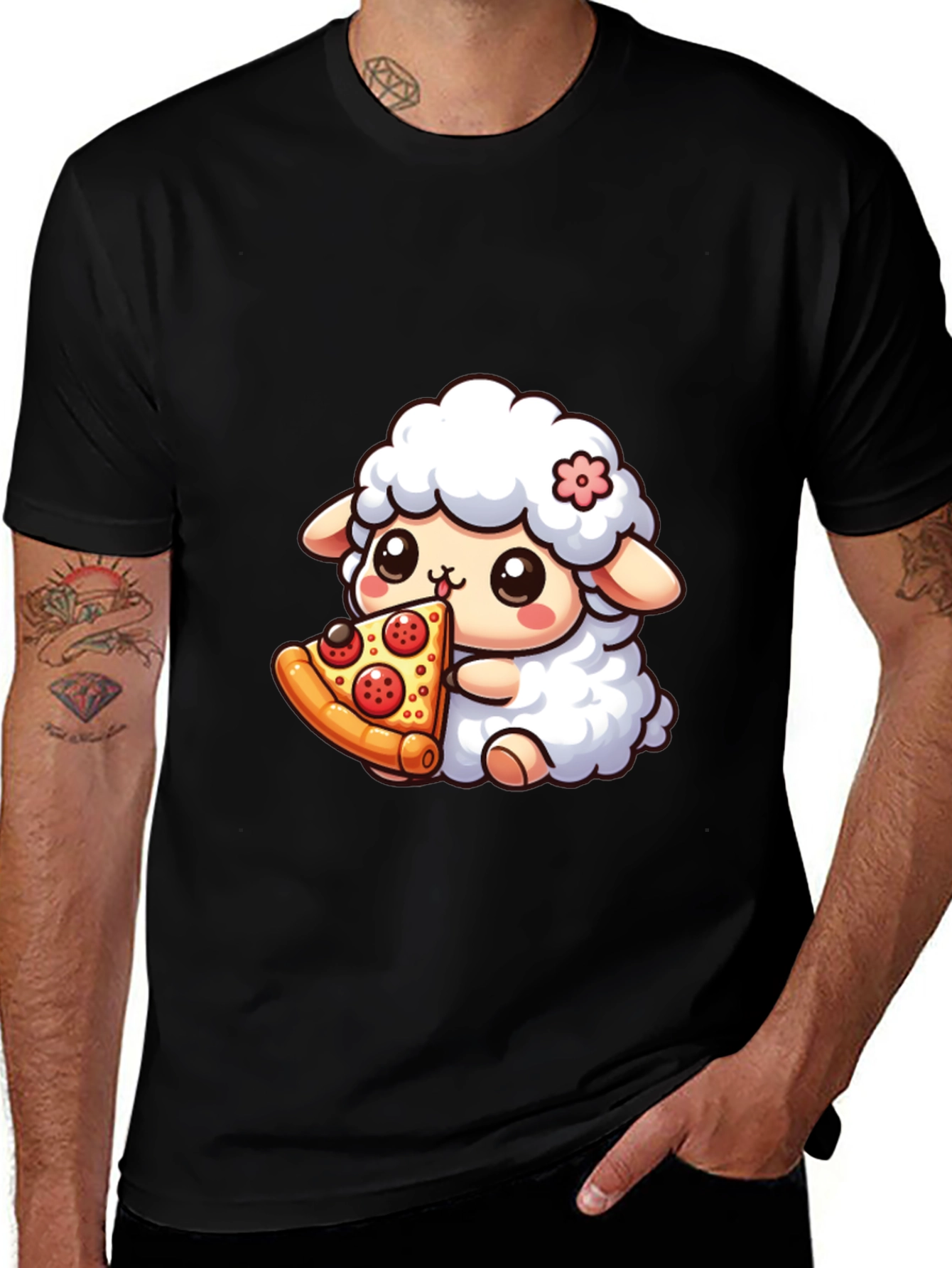 Cute Sheep Eating Pizza Graphic T-Shirt