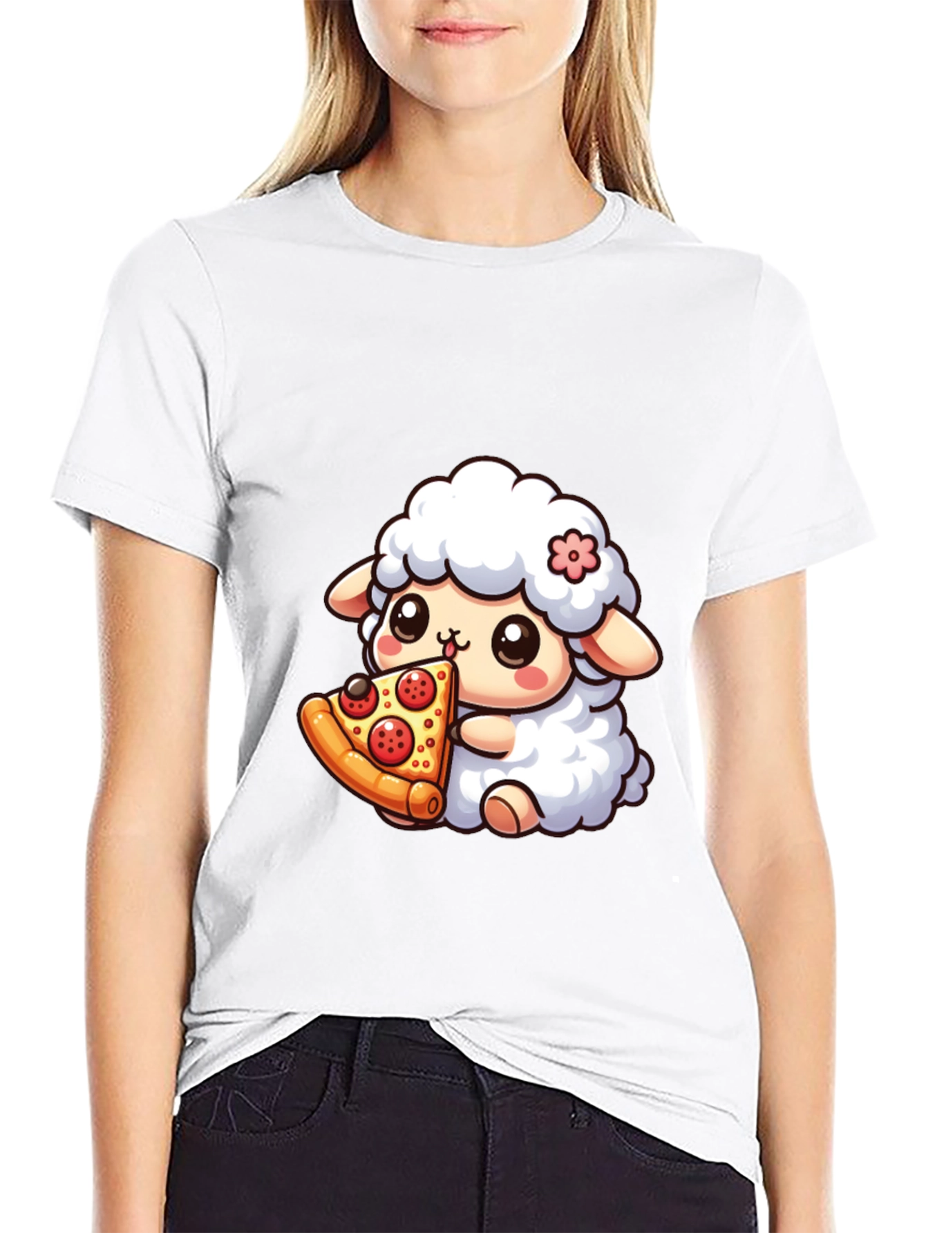 Cute Sheep Eating Pizza Graphic T-Shirt
