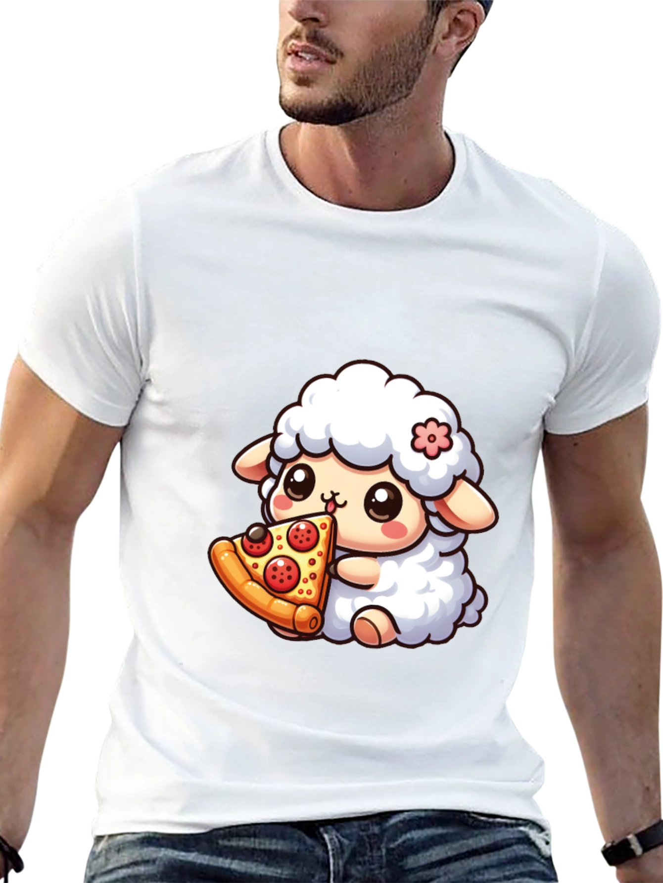 Cute Sheep Eating Pizza Graphic T-Shirt