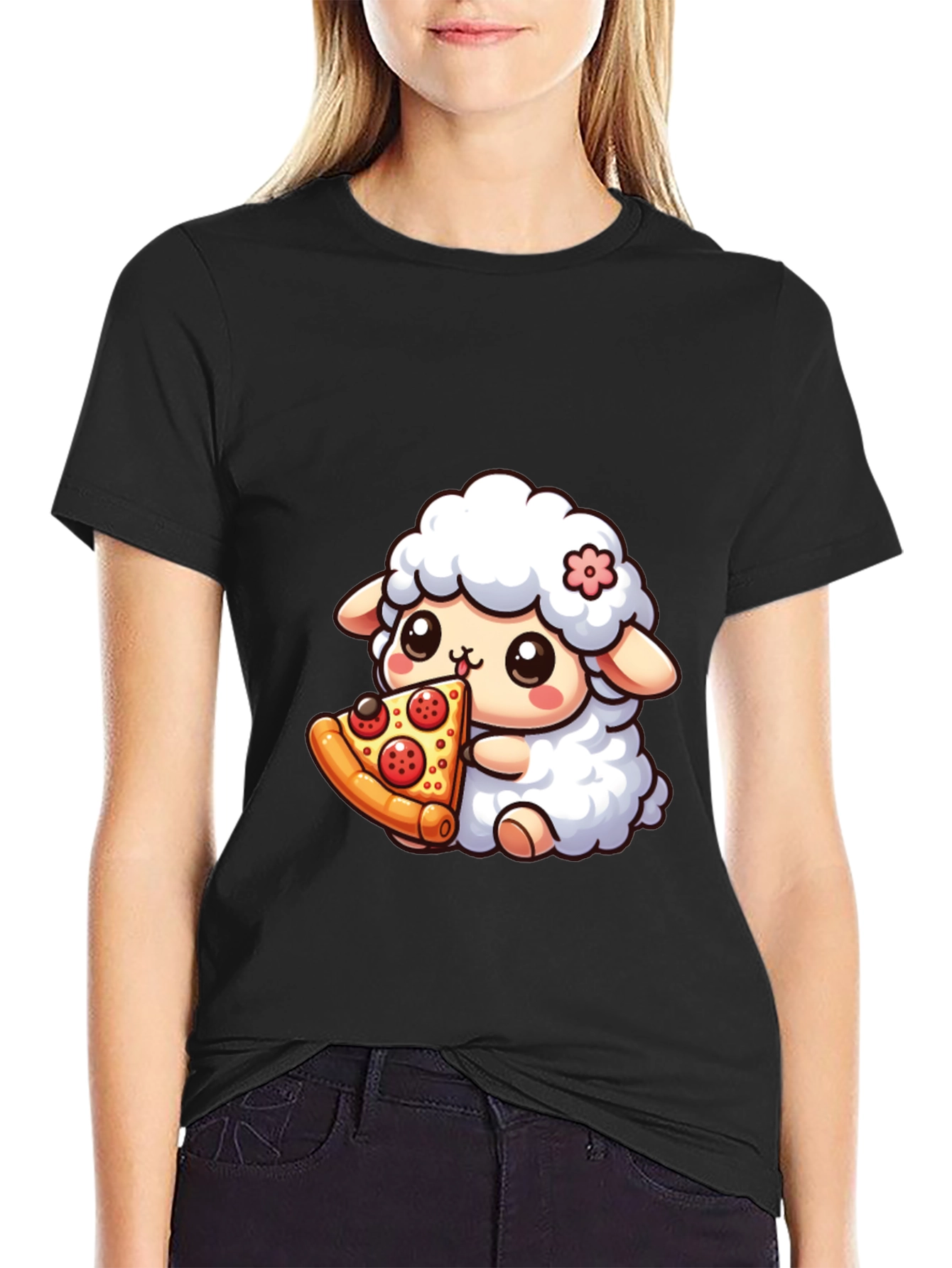 Cute Sheep Eating Pizza Graphic T-Shirt