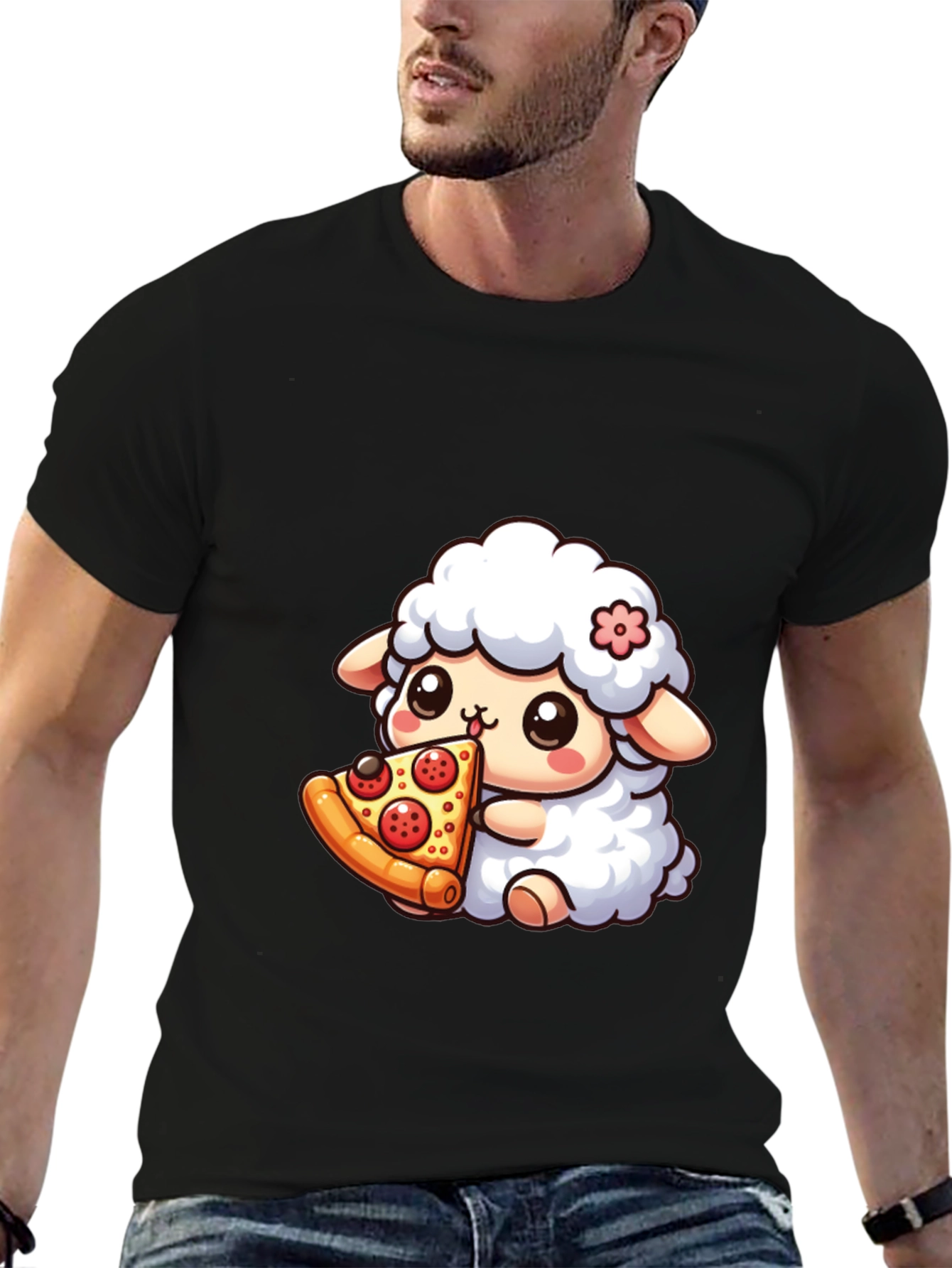 Cute Sheep Eating Pizza Graphic T-Shirt