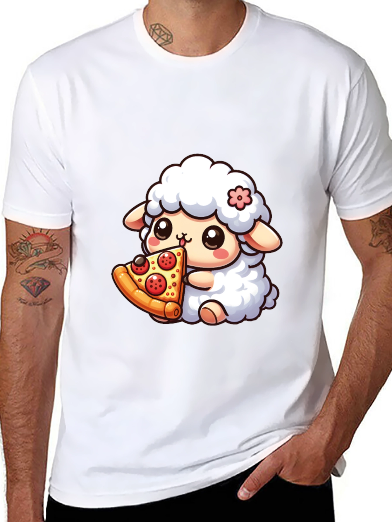 Cute Sheep Eating Pizza Graphic T-Shirt
