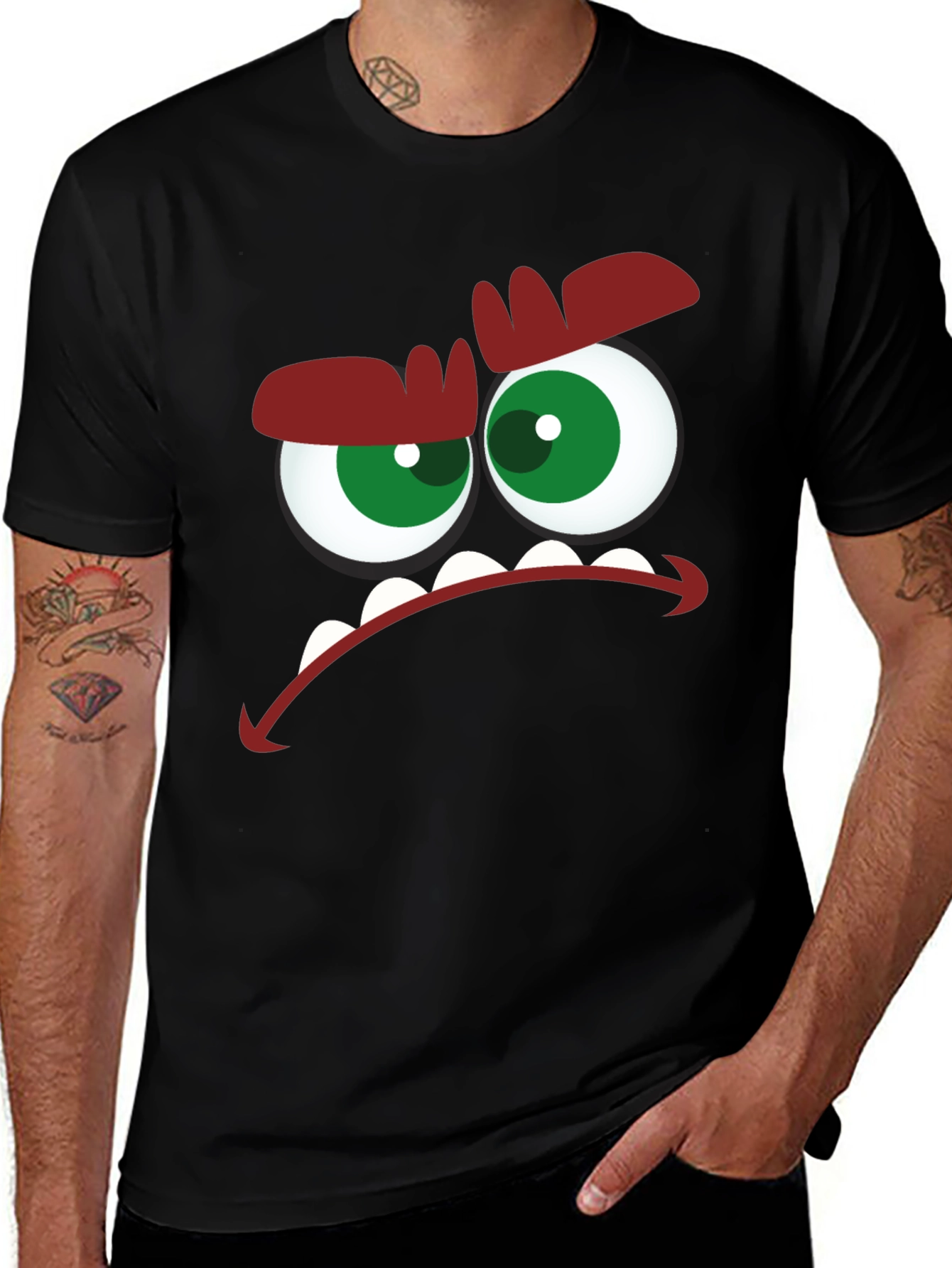 Angry Cartoon Face Graphic Black T-Shirt
