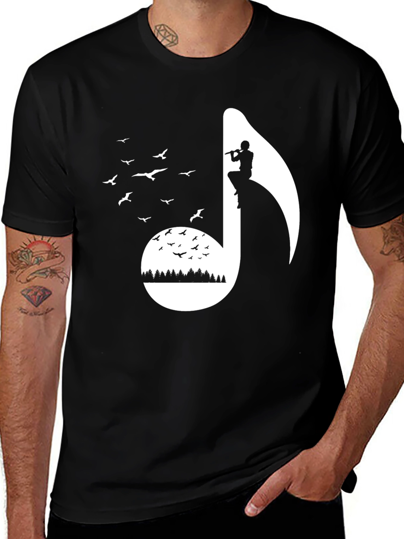 Musical Note Graphic Tee - Nature Inspired Flute Player