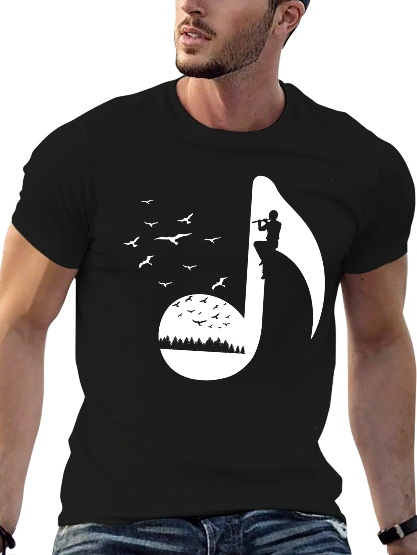 Musical Note Graphic Tee - Nature Inspired Flute Player