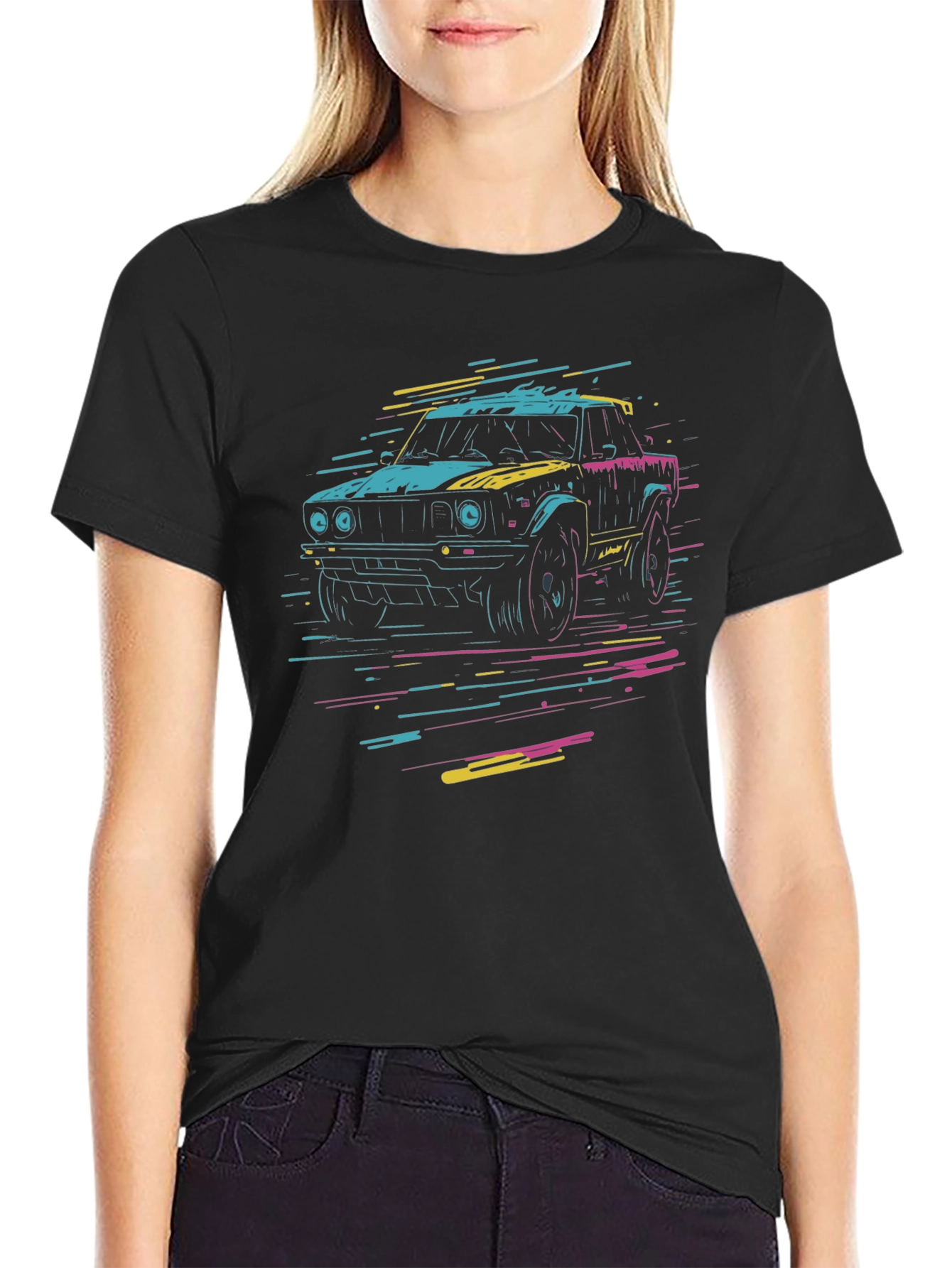 Retro Car Graphic Tee - Black Cotton T-Shirt