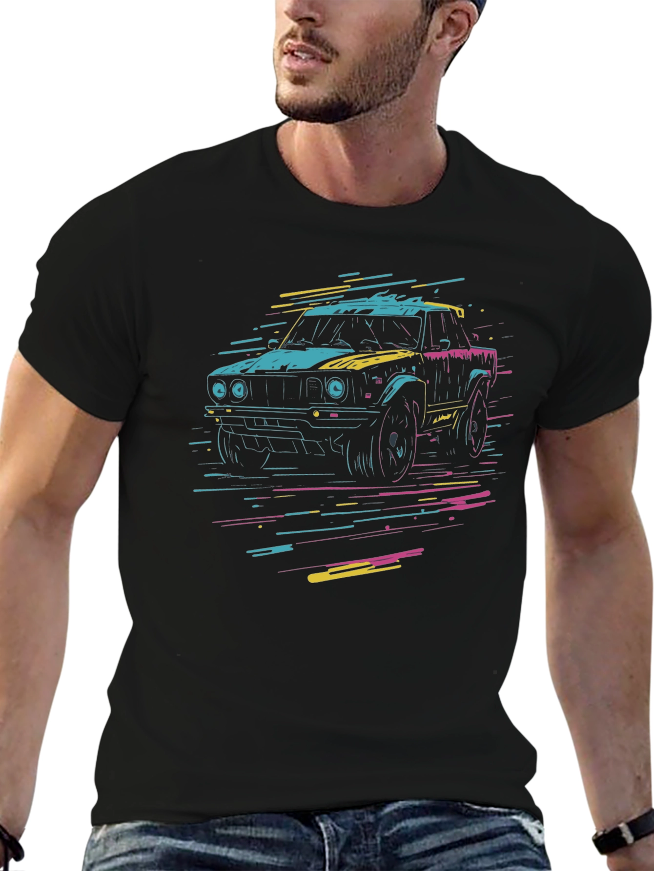 Retro Car Graphic Tee - Black Cotton T-Shirt