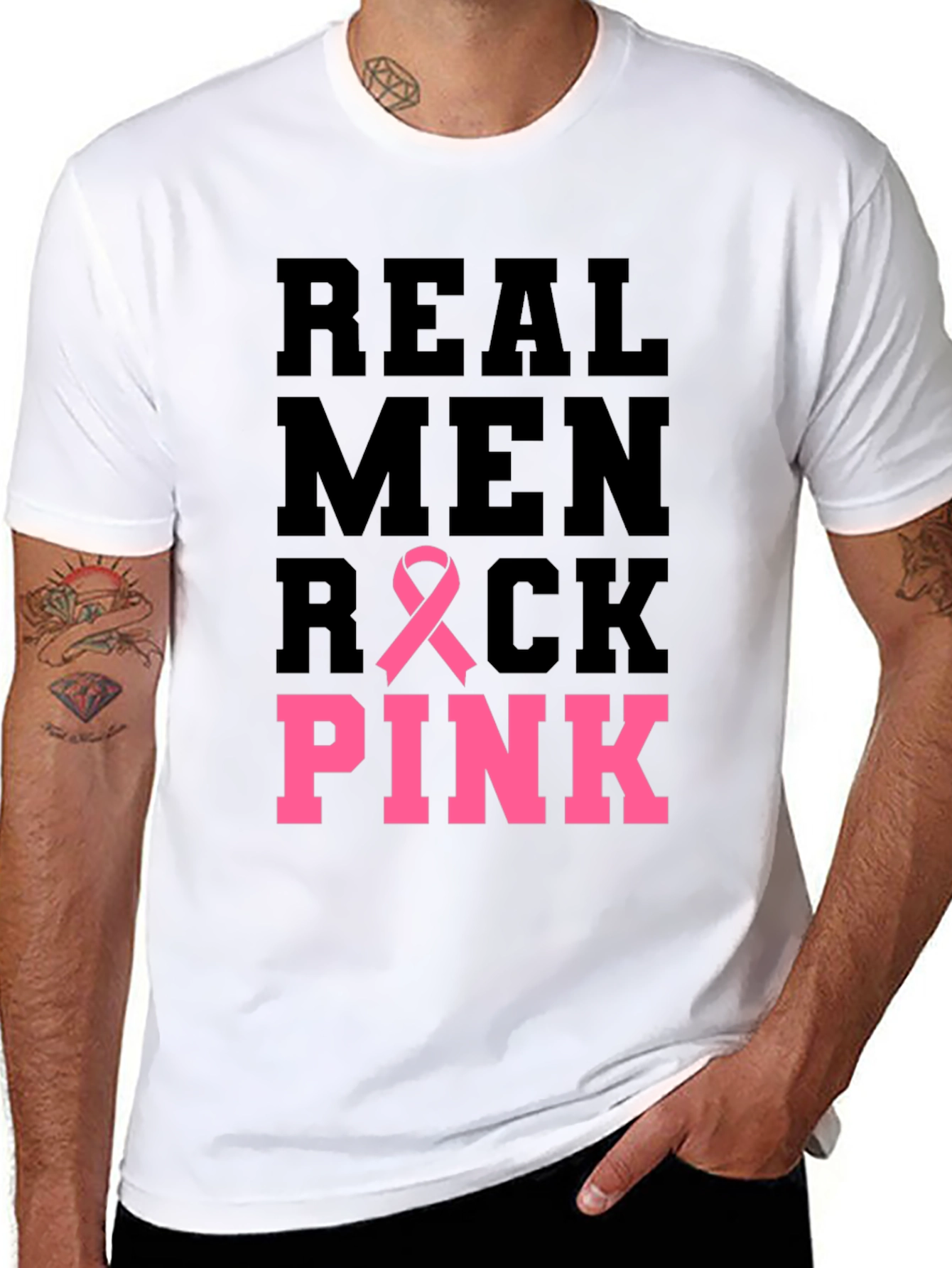 Real Men Rock Pink Breast Cancer Awareness T-Shirt