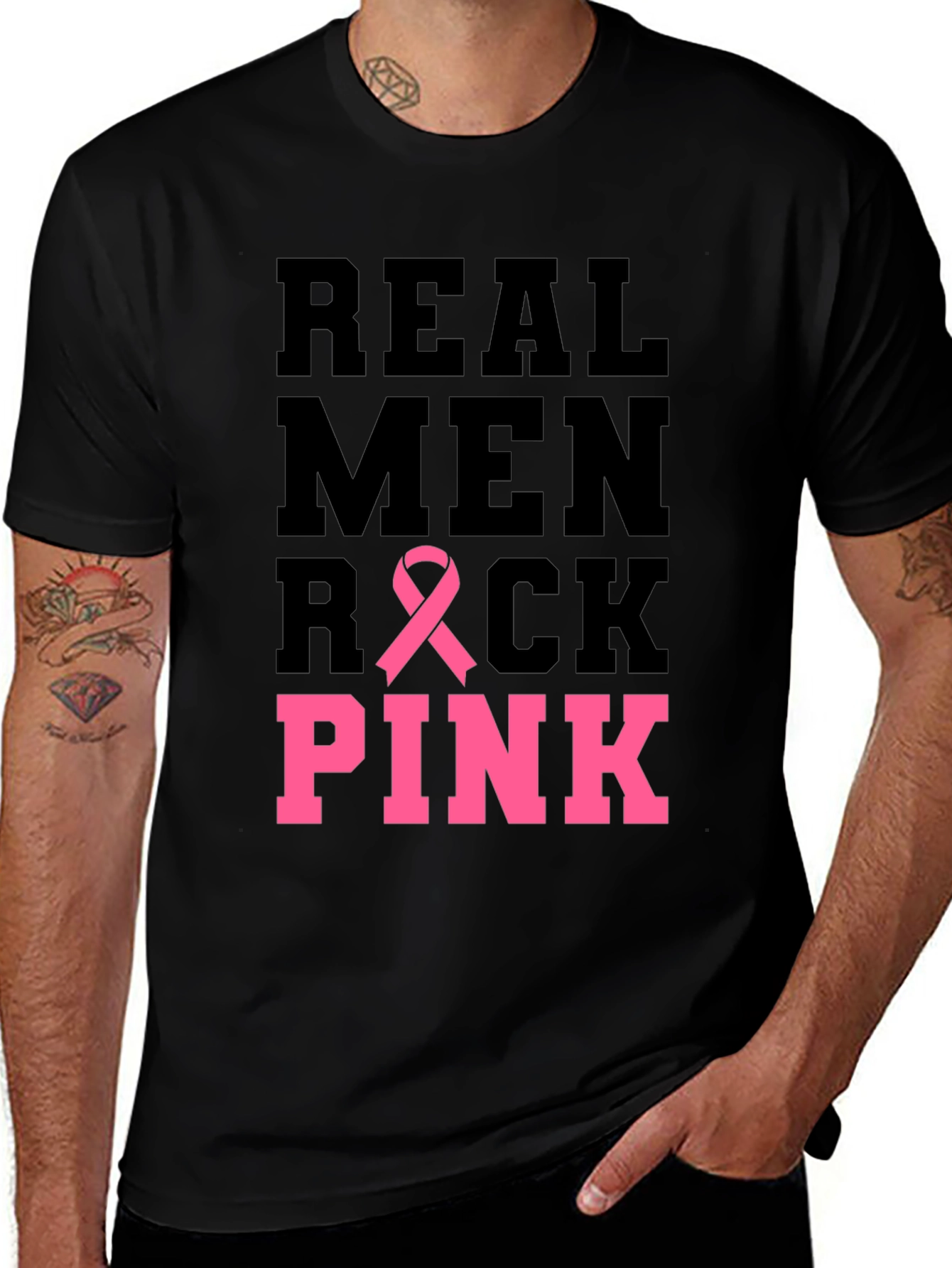 Real Men Rock Pink Breast Cancer Awareness T-Shirt