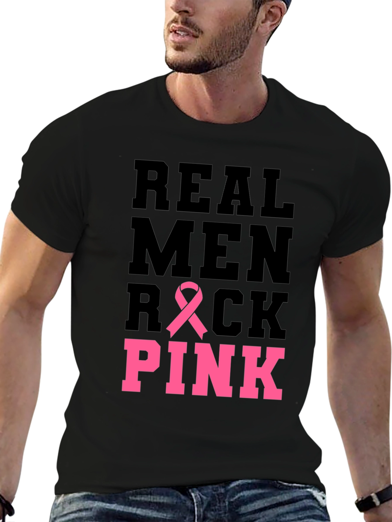 Real Men Rock Pink Breast Cancer Awareness T-Shirt
