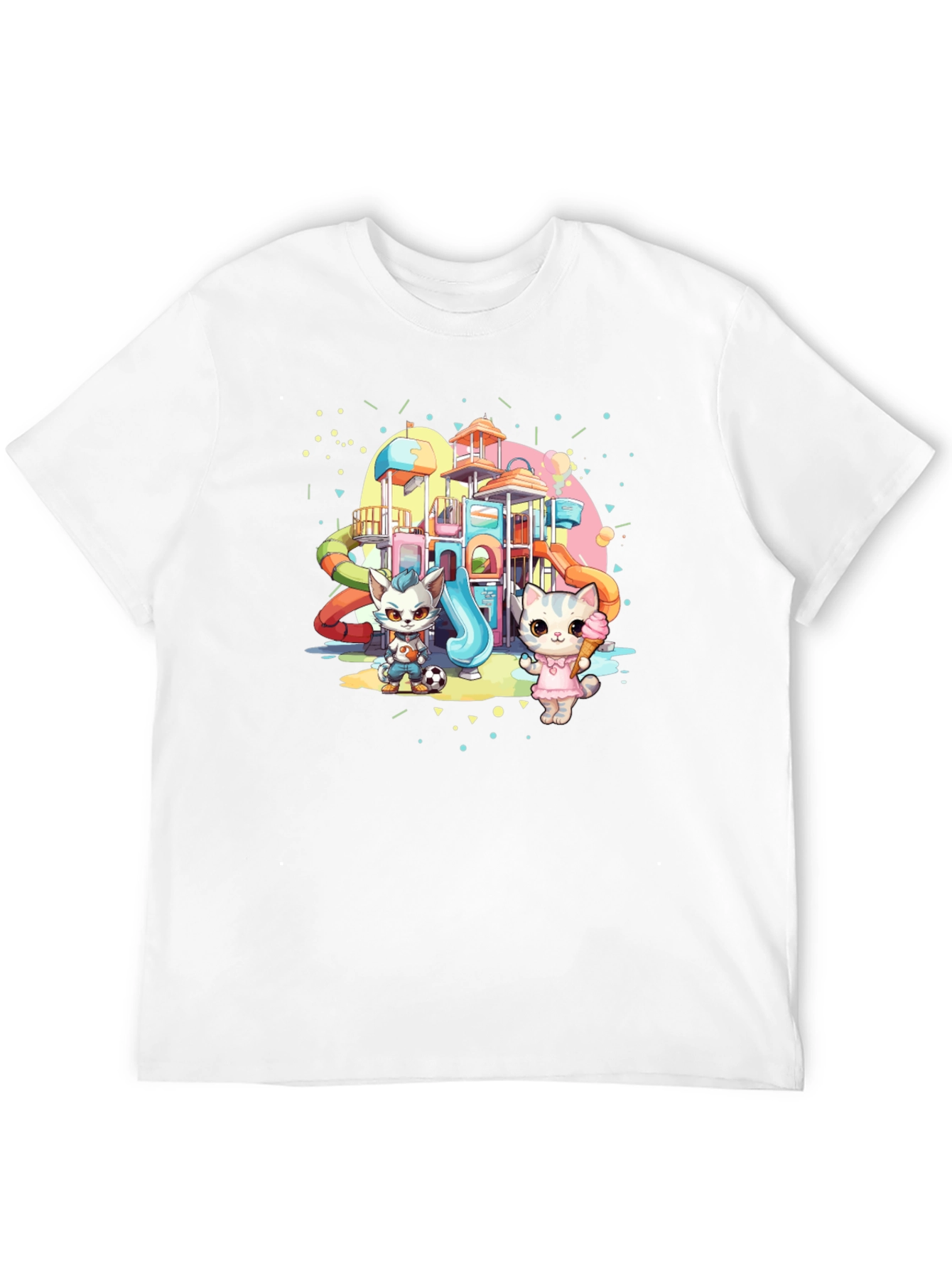 Cute Cartoon Cats on Playground Black T-Shirt