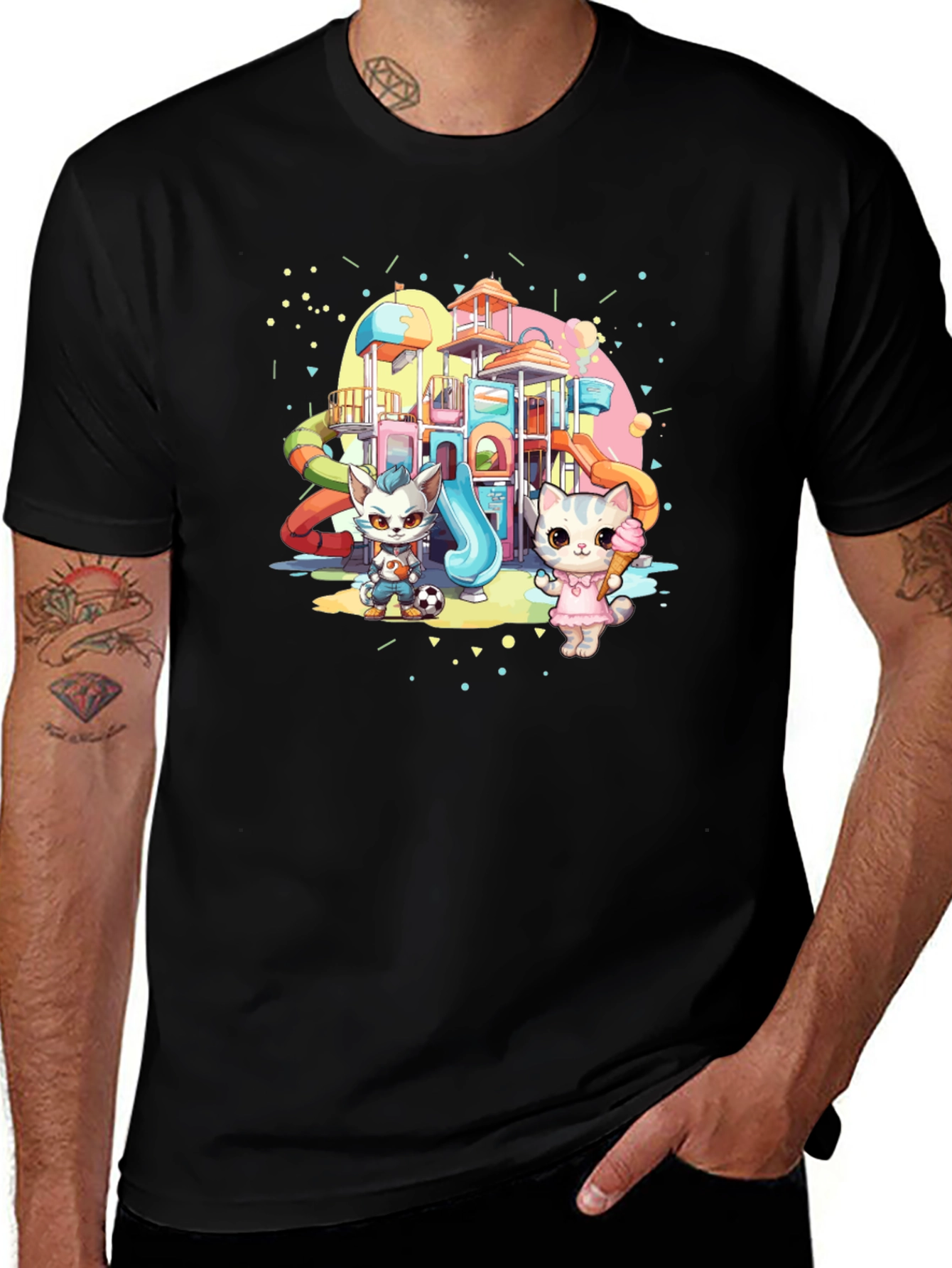 Cute Cartoon Cats on Playground Black T-Shirt