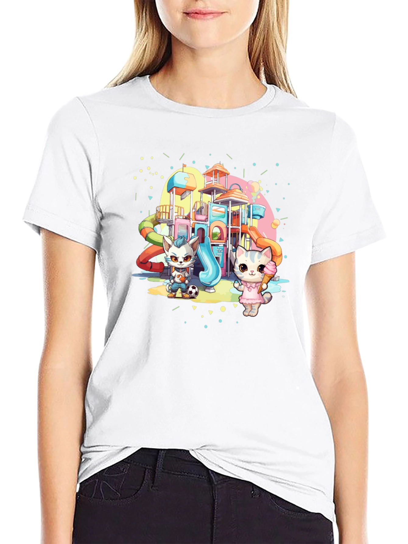 Cute Cartoon Cats on Playground Black T-Shirt