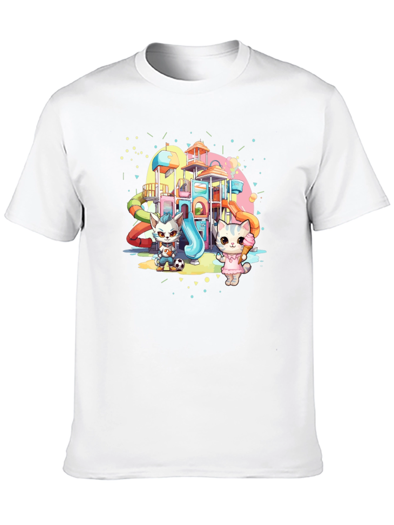 Cute Cartoon Cats on Playground Black T-Shirt