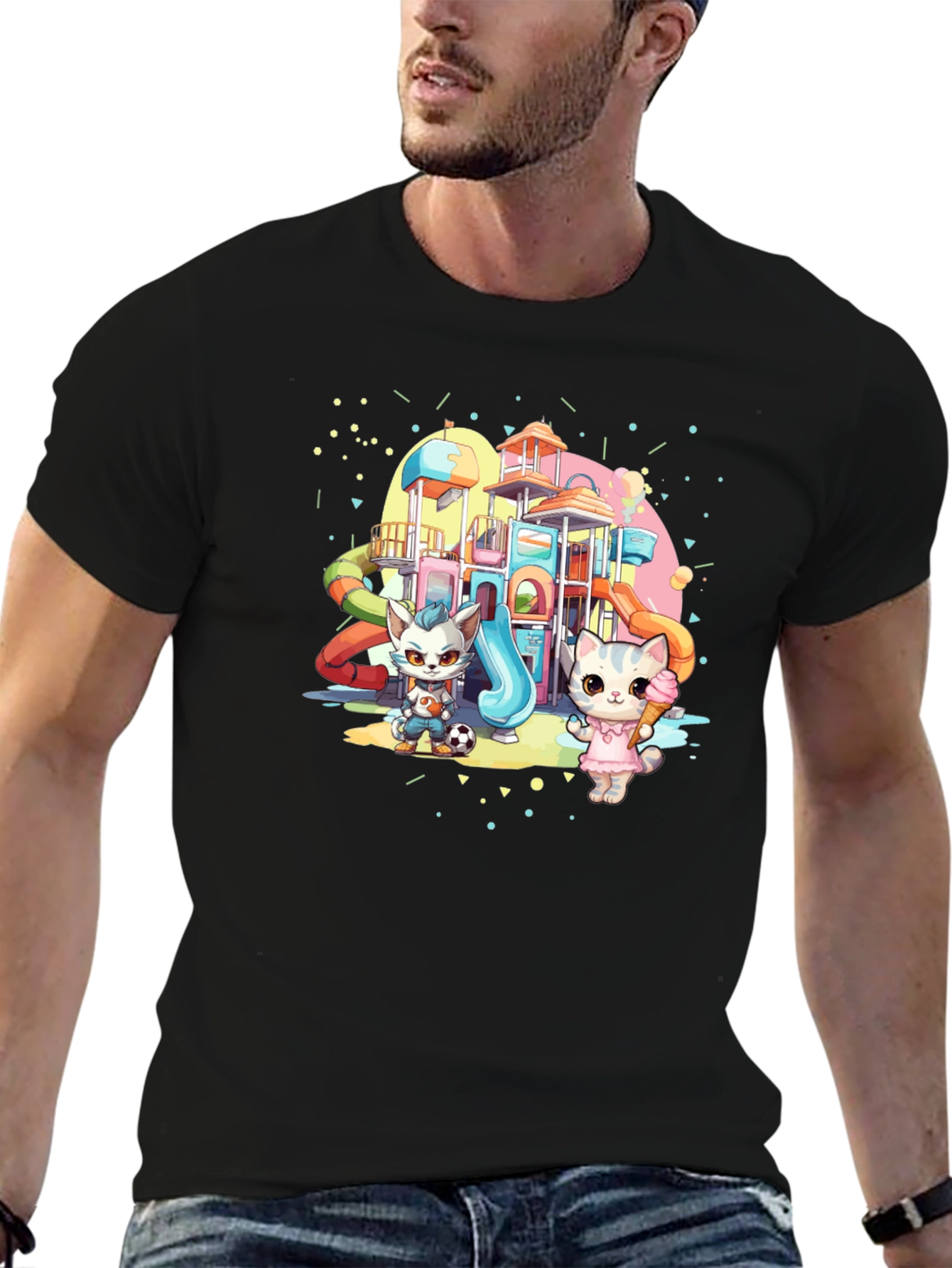 Cute Cartoon Cats on Playground Black T-Shirt