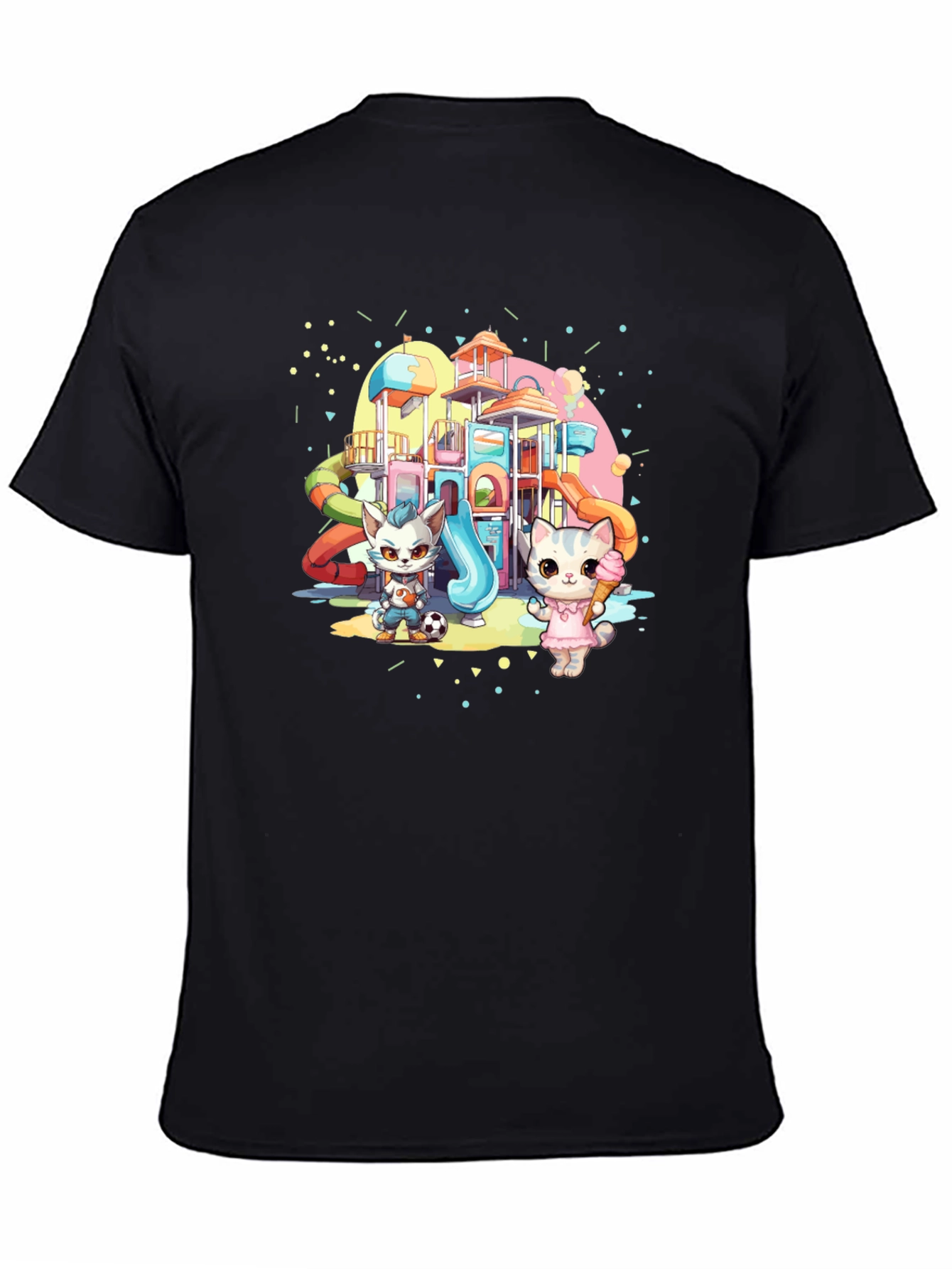 Cute Cartoon Cats on Playground Black T-Shirt