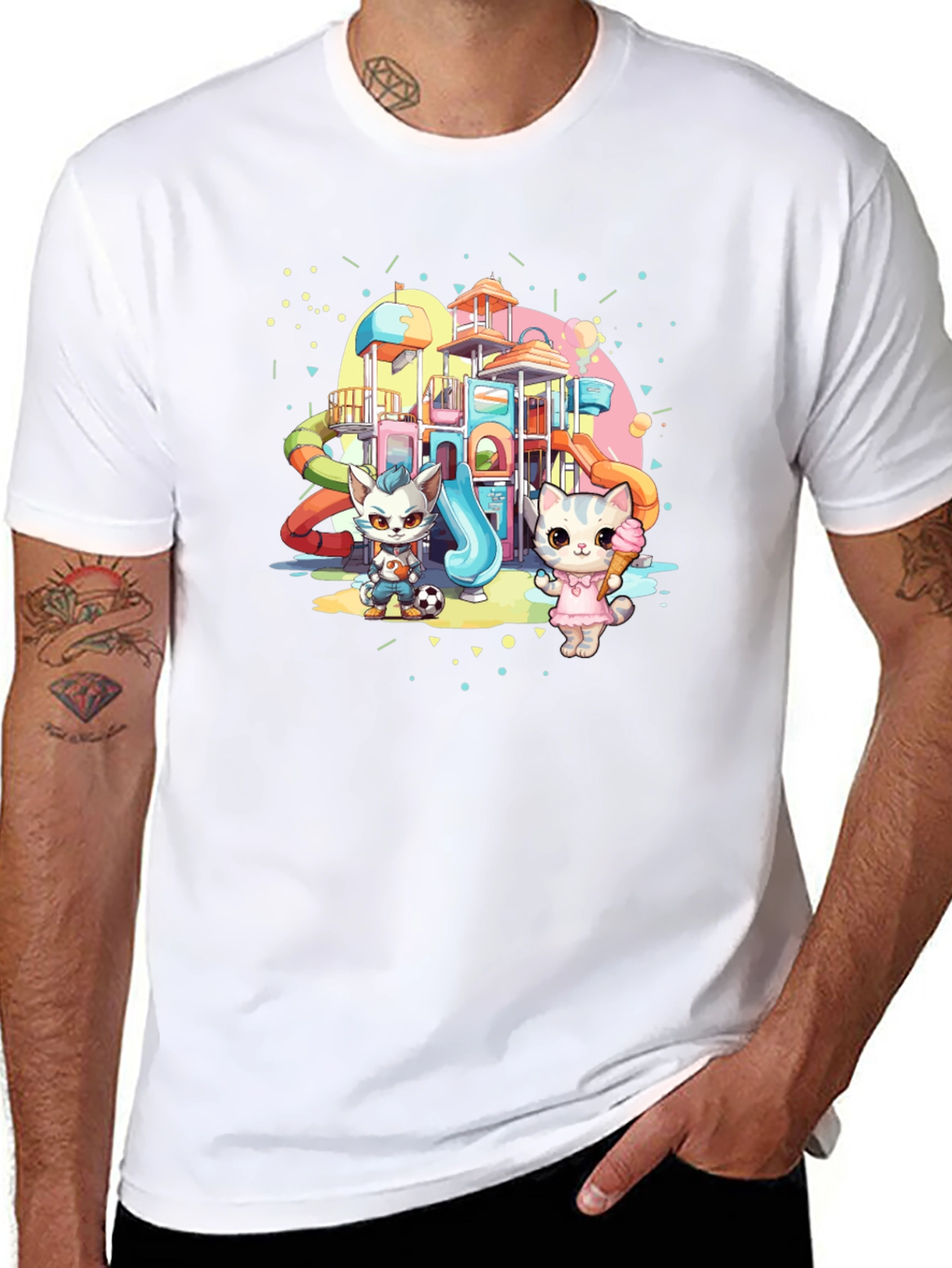 Cute Cartoon Cats on Playground Black T-Shirt