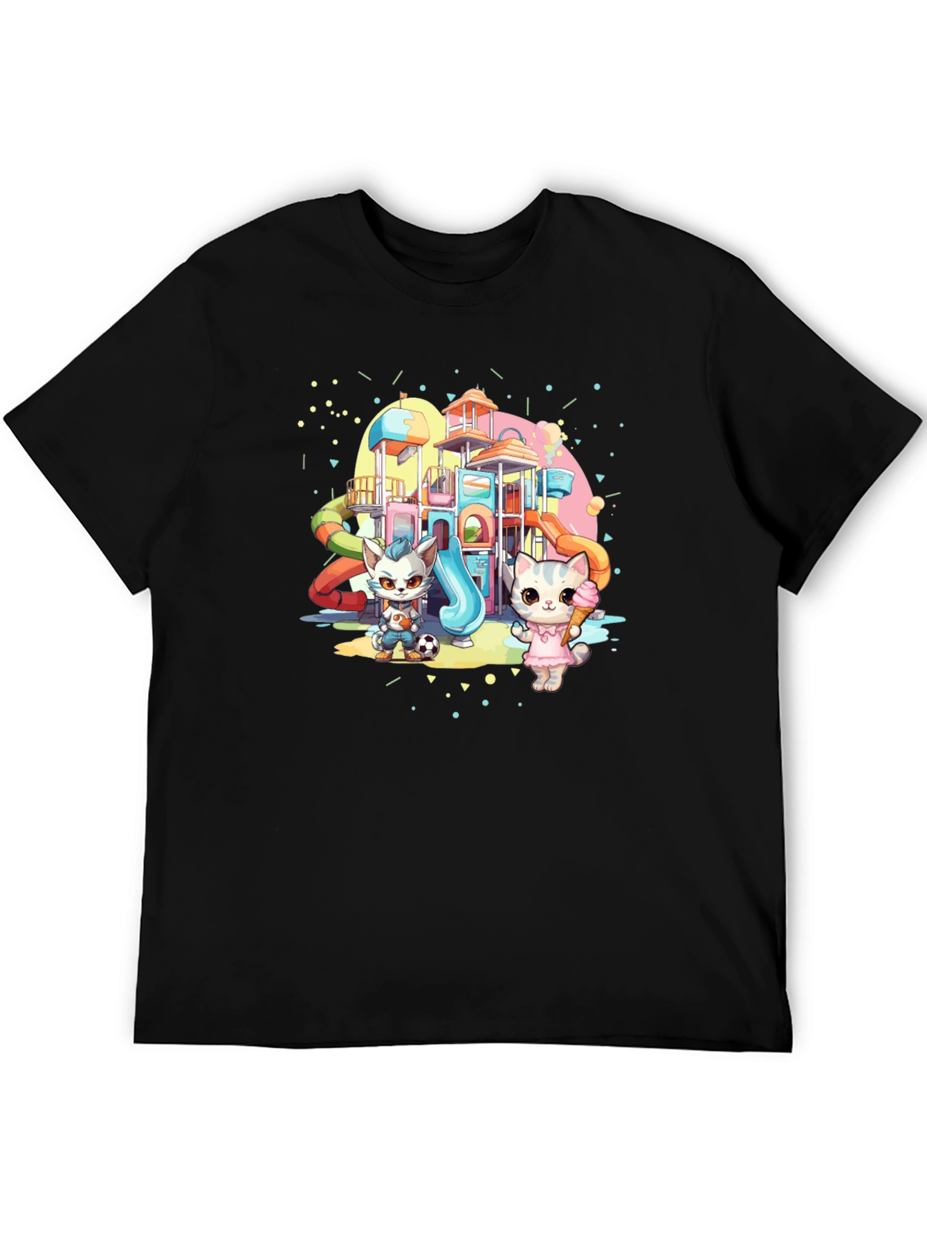 Cute Cartoon Cats on Playground Black T-Shirt