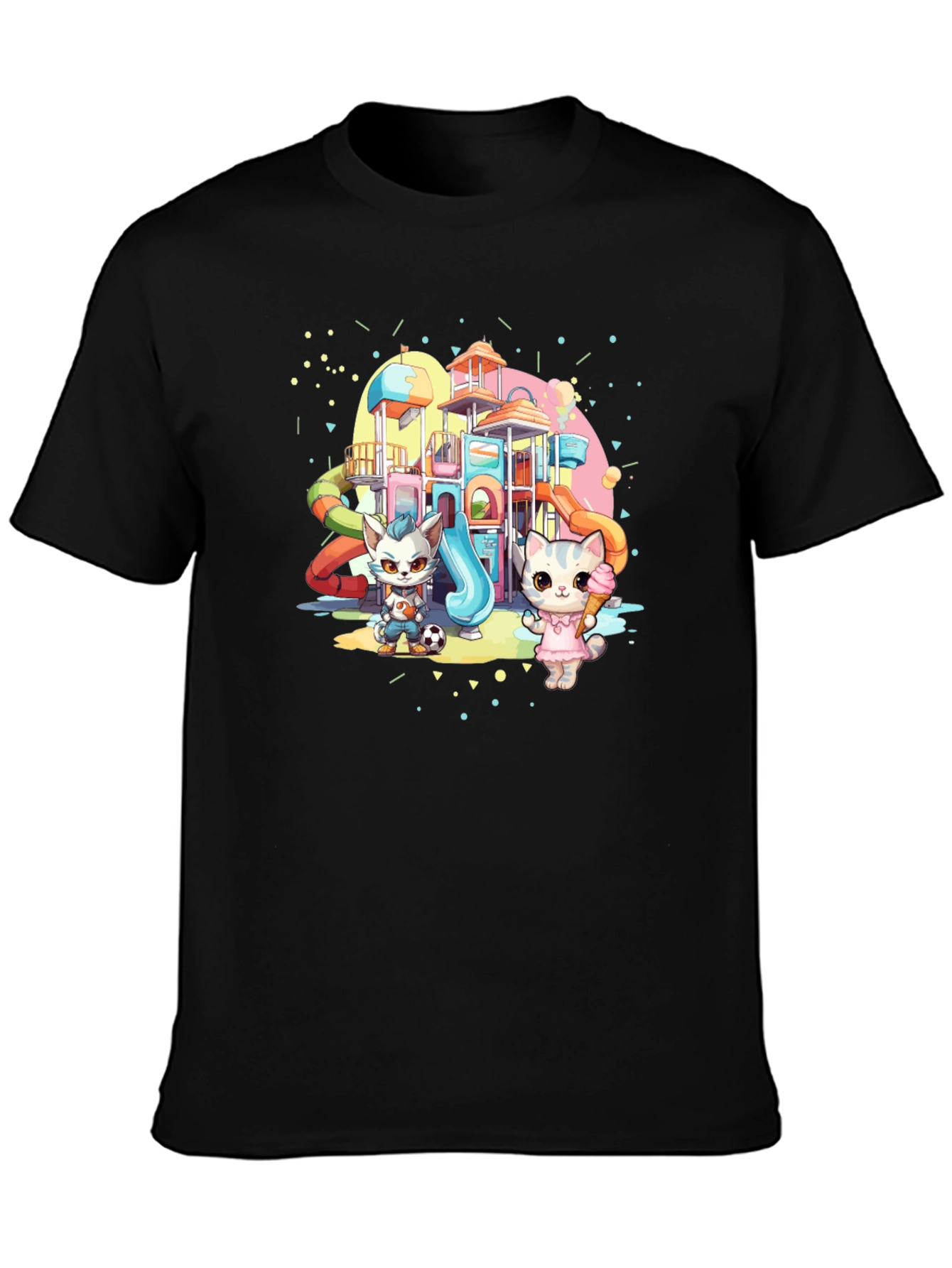 Cute Cartoon Cats on Playground Black T-Shirt