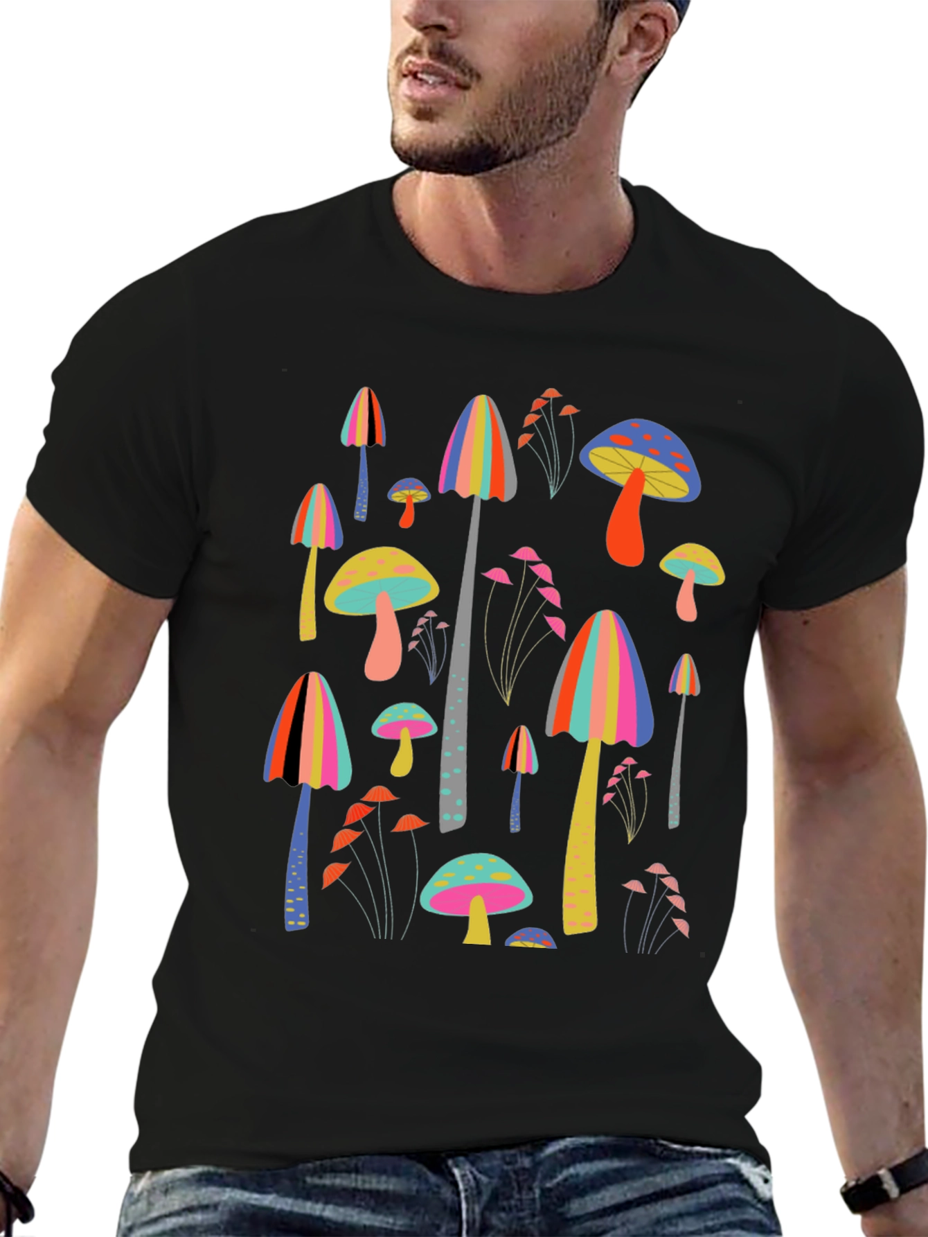 Funky Mushroom Print Black T-Shirt